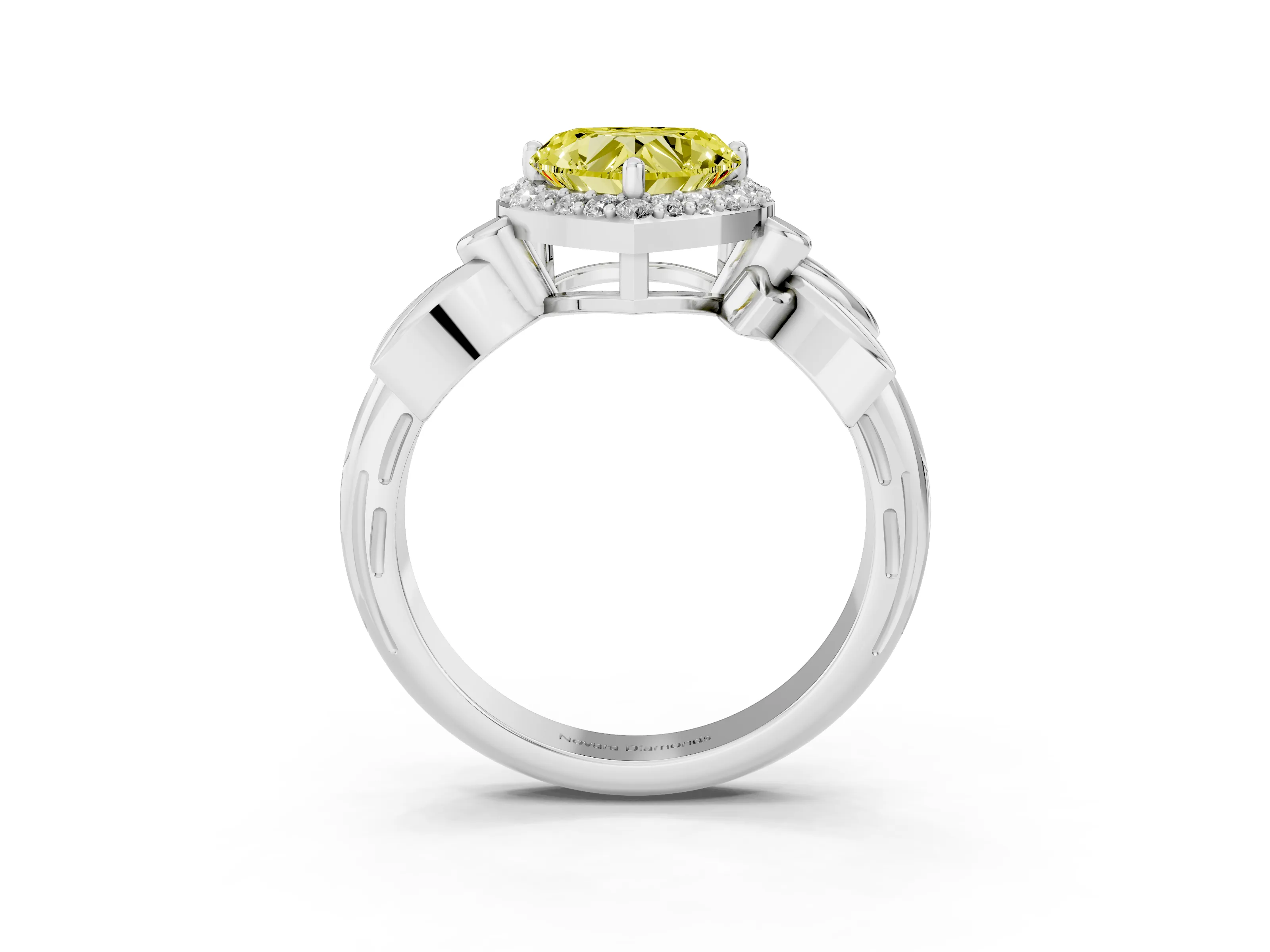 Fancy Yellow Heart Cut Diamond Halo Floral Band Ring Set in Silver with Prong Setting