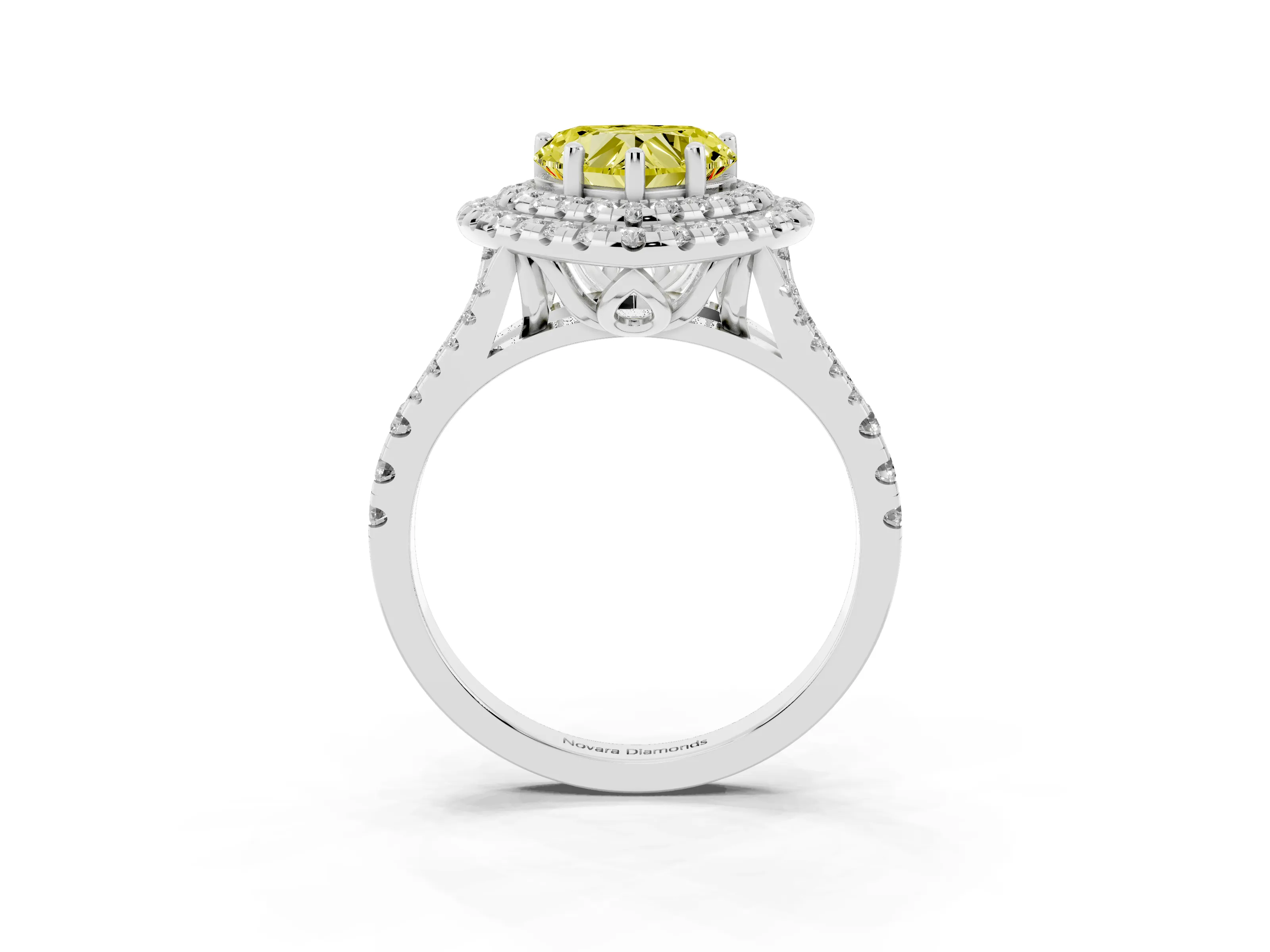 Fancy Yellow Heart Cut Diamond Double Halo Ring Set in Platinum with Pavé Split Shank and Prong Setting