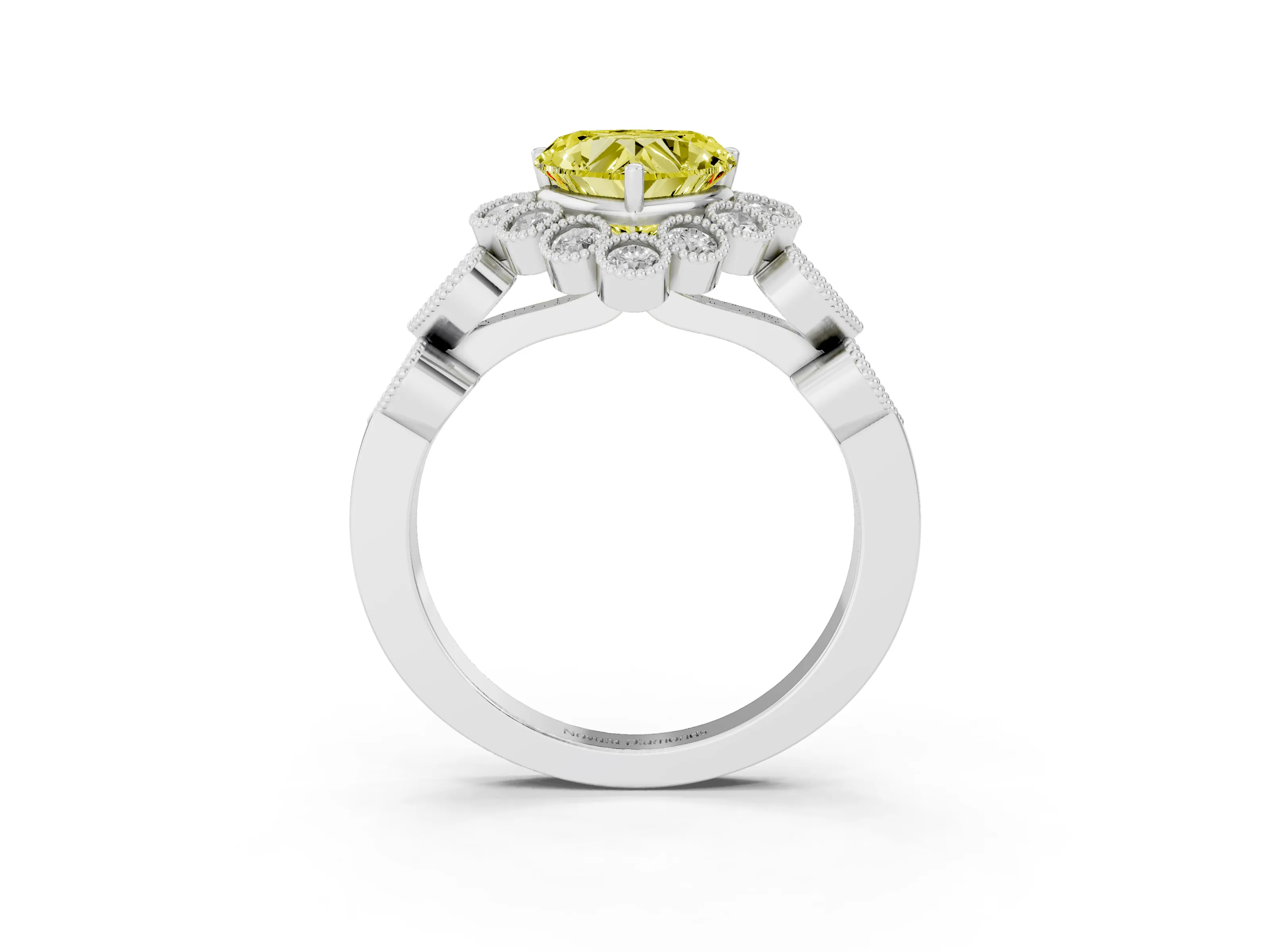 Fancy Yellow Heart Cut Diamond Solitaire Ring Set in White gold with Milgrain Pavé Heart Band