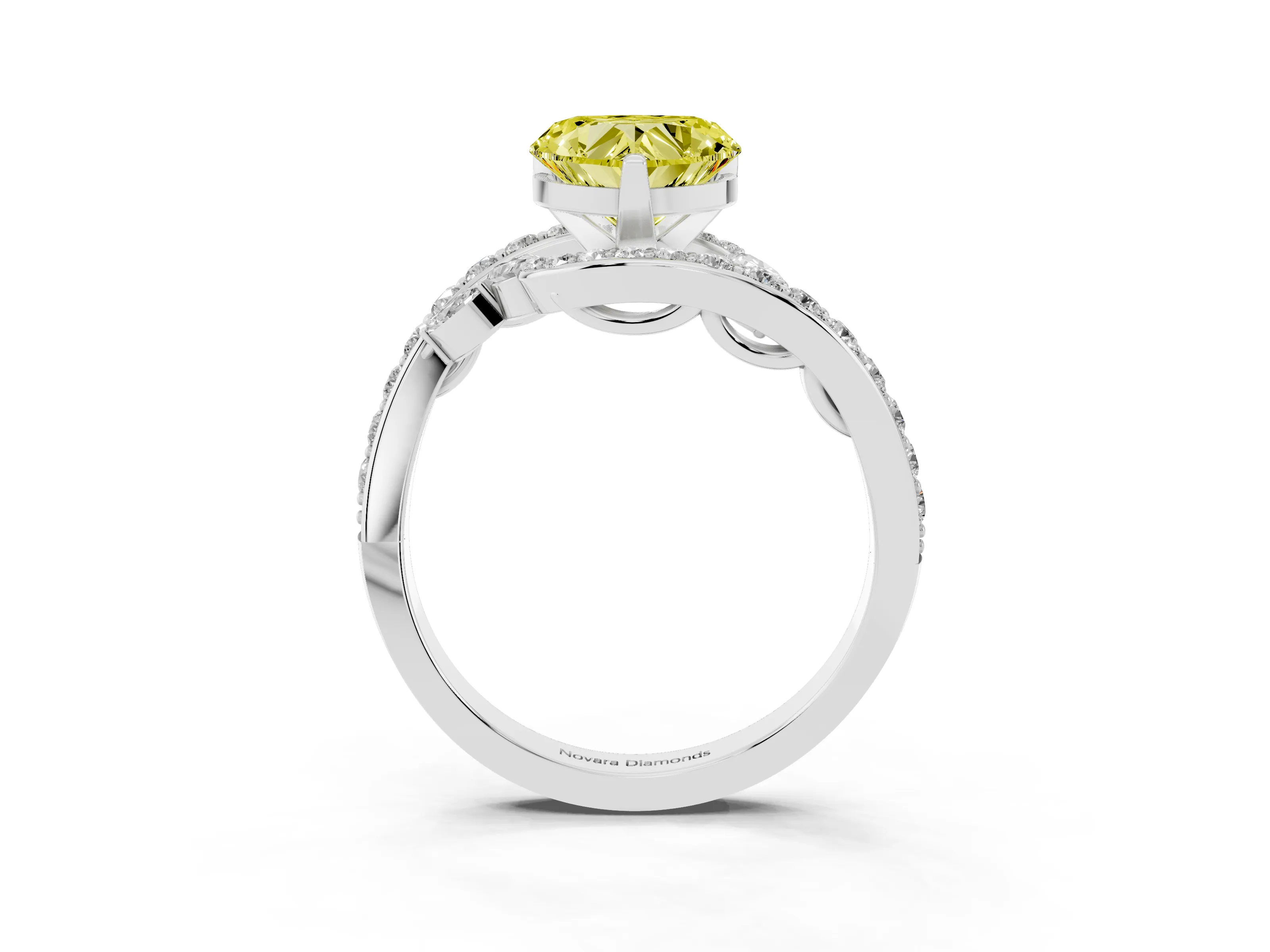 Fancy Yellow Heart Cut Diamond Solitaire Ring Set in Platinum with Pavé Twist Band and Secure Prong Setting