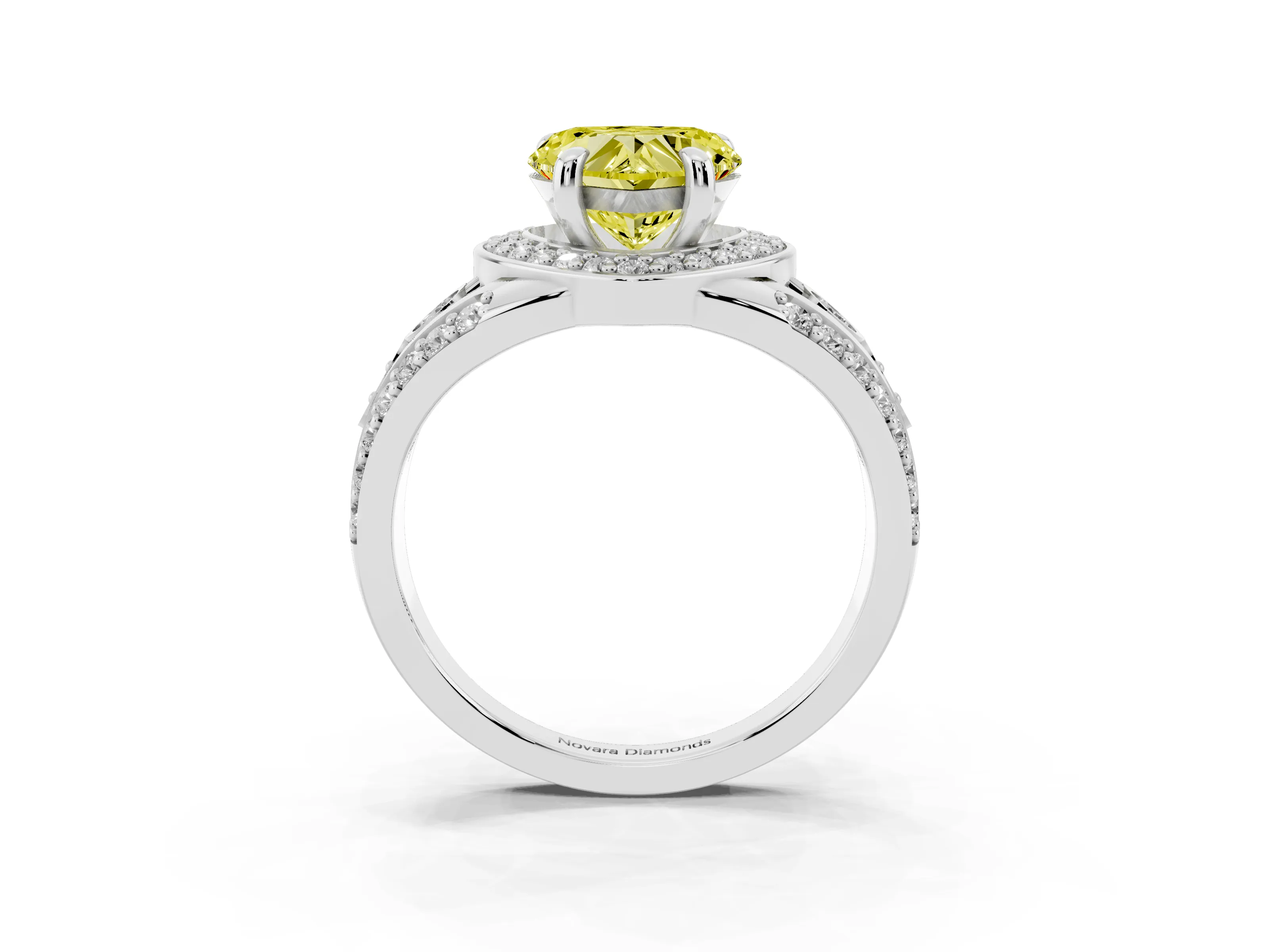 Fancy Yellow Heart Cut Diamond Halo Ring Set in White gold with Pavé Split Shank and Bezel Accents