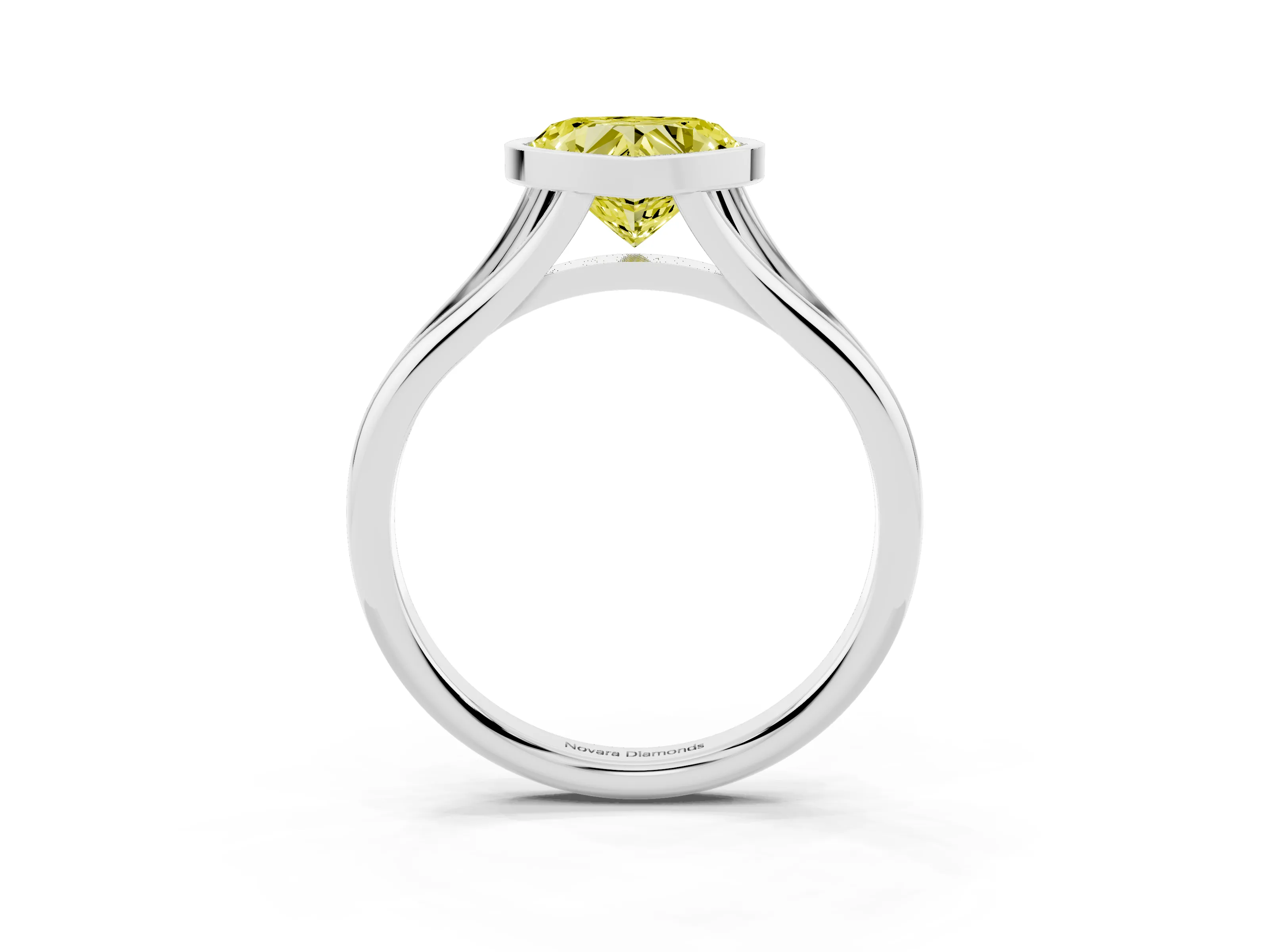 Fancy Yellow Bezel Set Heart Cut Diamond Solitaire Ring Set in Platinum with Tapered Band