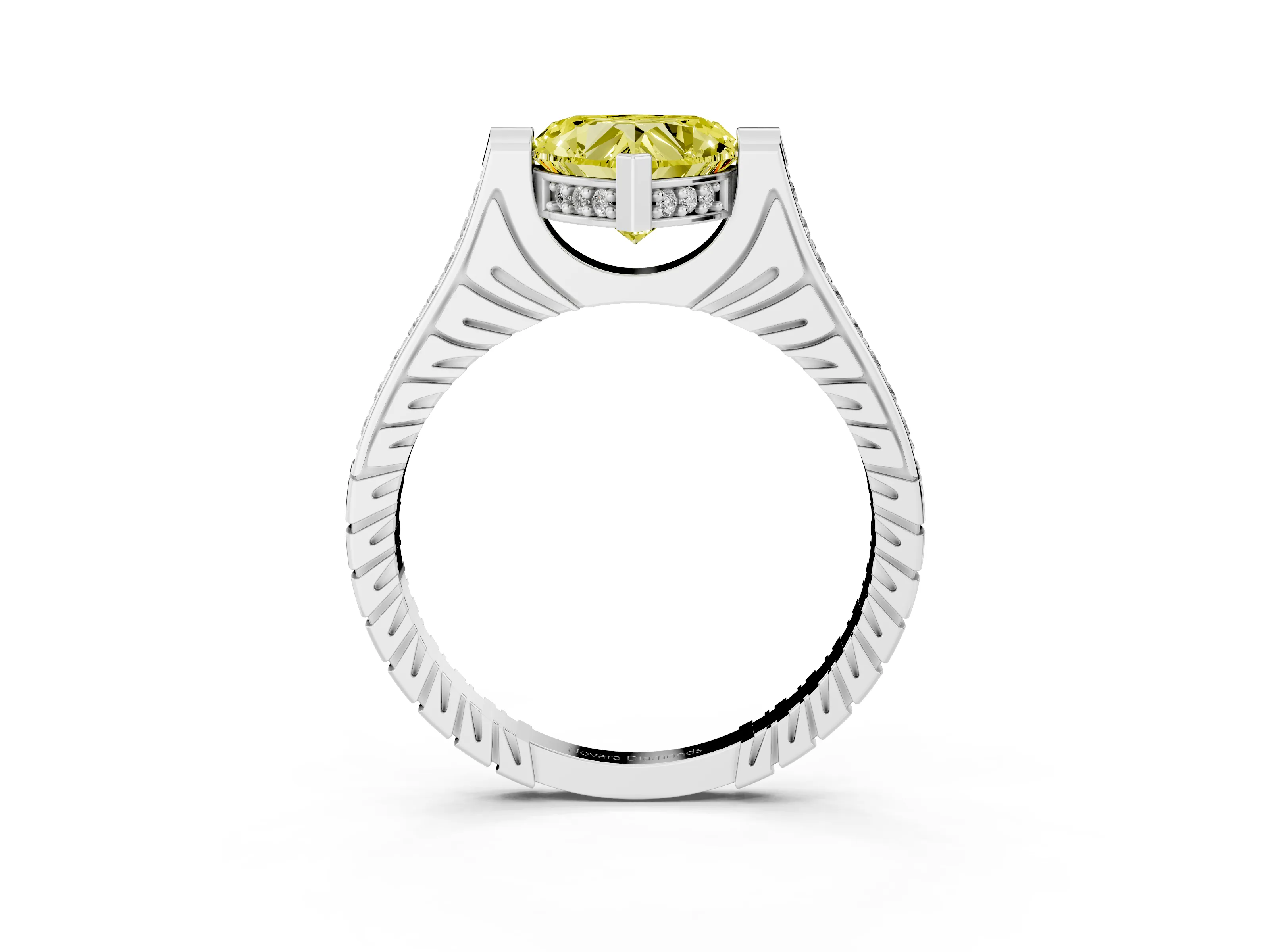 Fancy Yellow Heart Cut Diamond Solitaire Ring Set in White gold with Channel Set Band and Bezel Prong Setting
