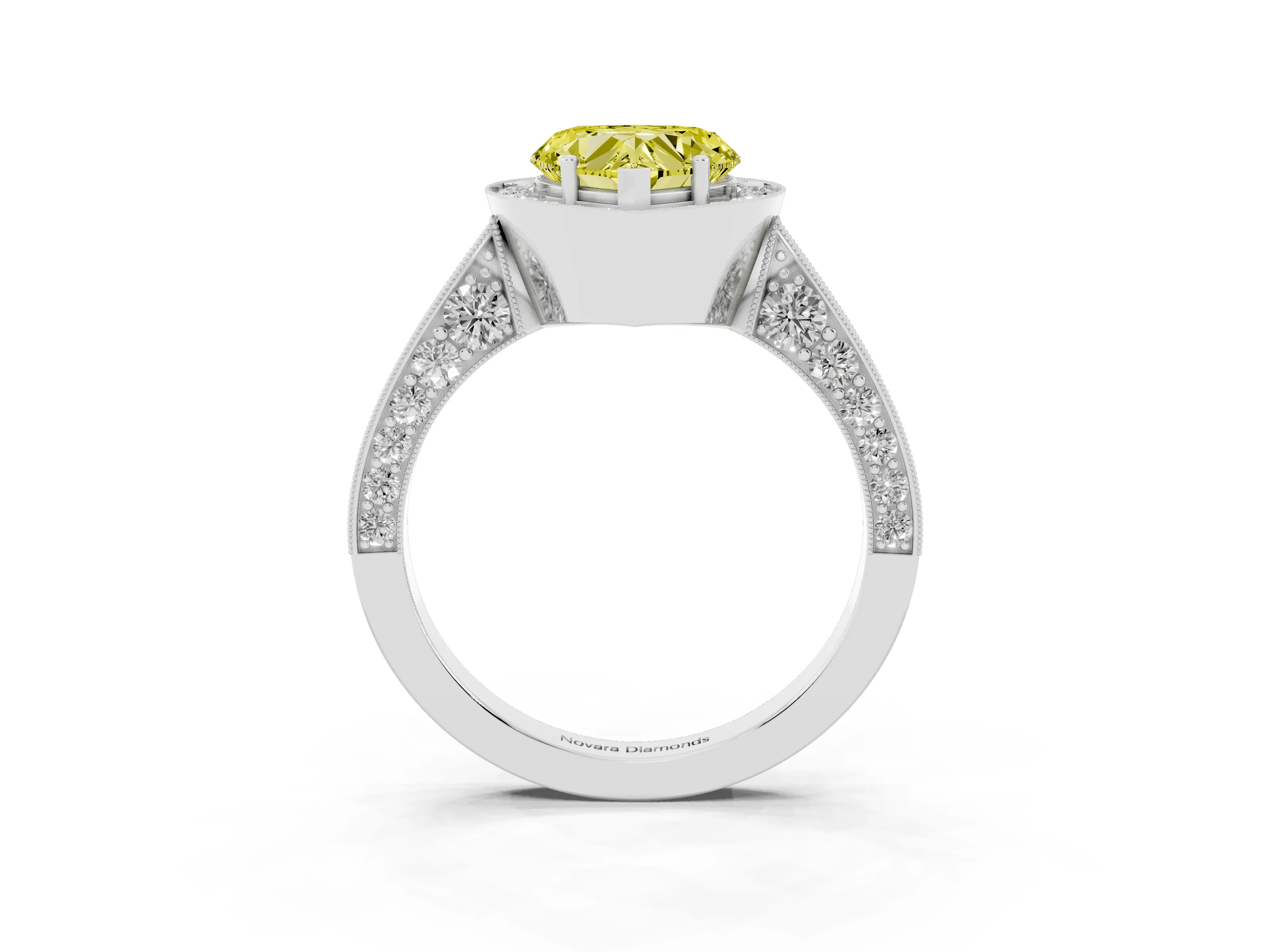 Fancy Yellow Heart Cut Diamond Halo Engagement Ring Set in White gold with Accent Split Shank Band