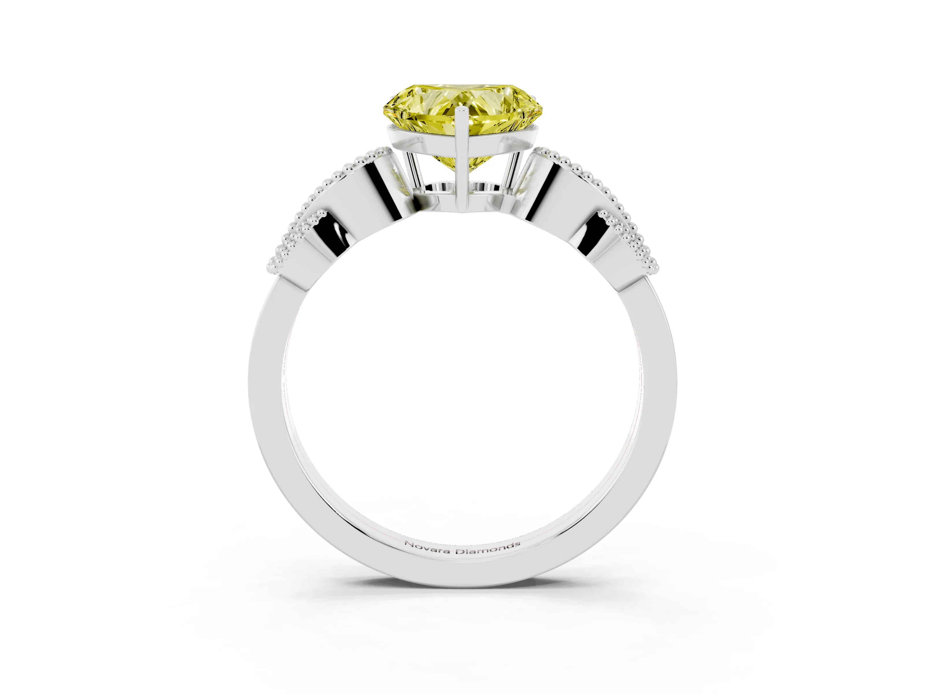 Fancy Yellow Heart Cut Diamond Milgrain Leaf Band Solitaire Ring Set in White gold with Accent Stones and Prong Setting