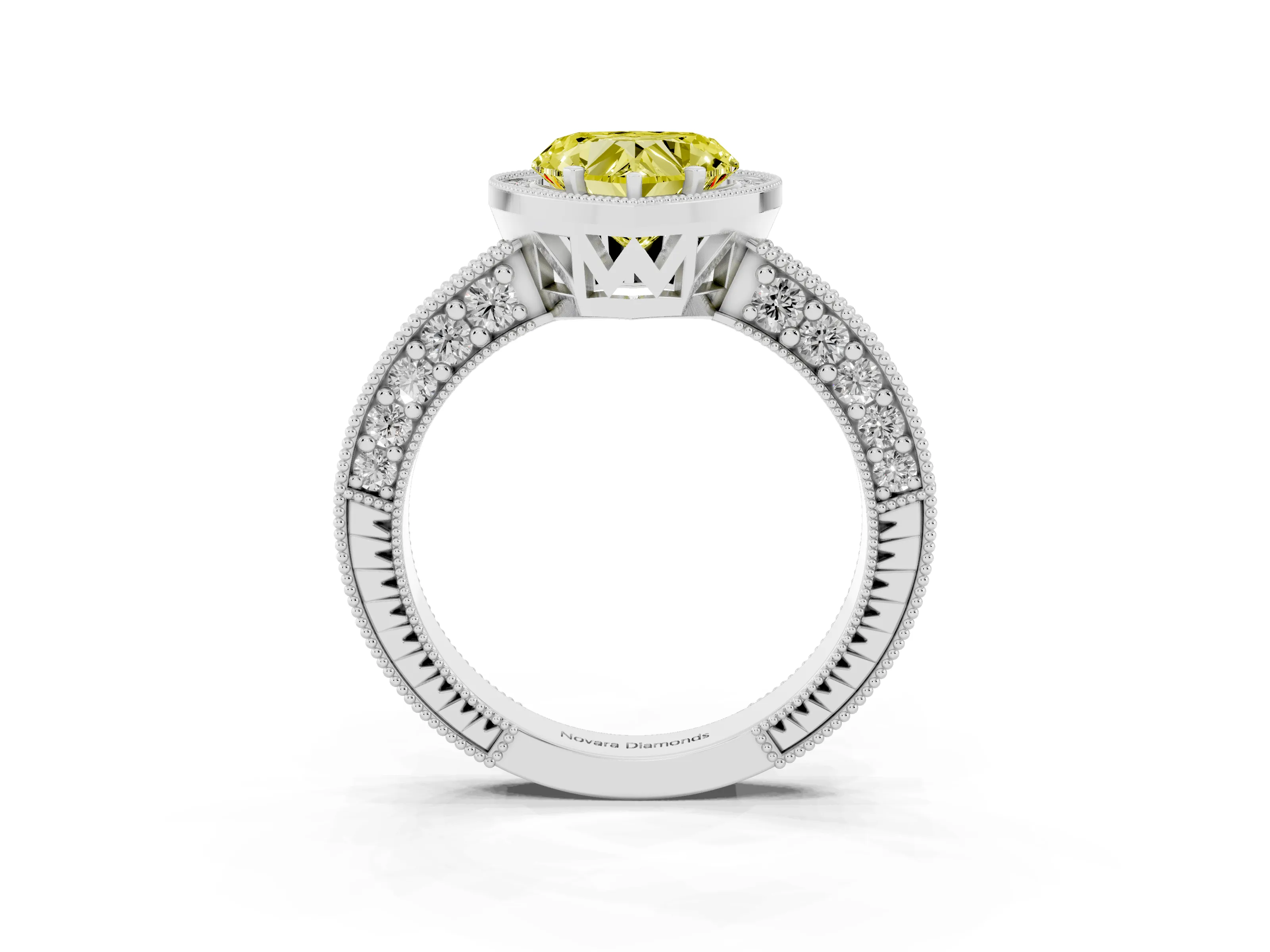 Fancy Yellow Heart Cut Diamond Halo Pavé Band Ring Set in Silver with Prong-Set Center