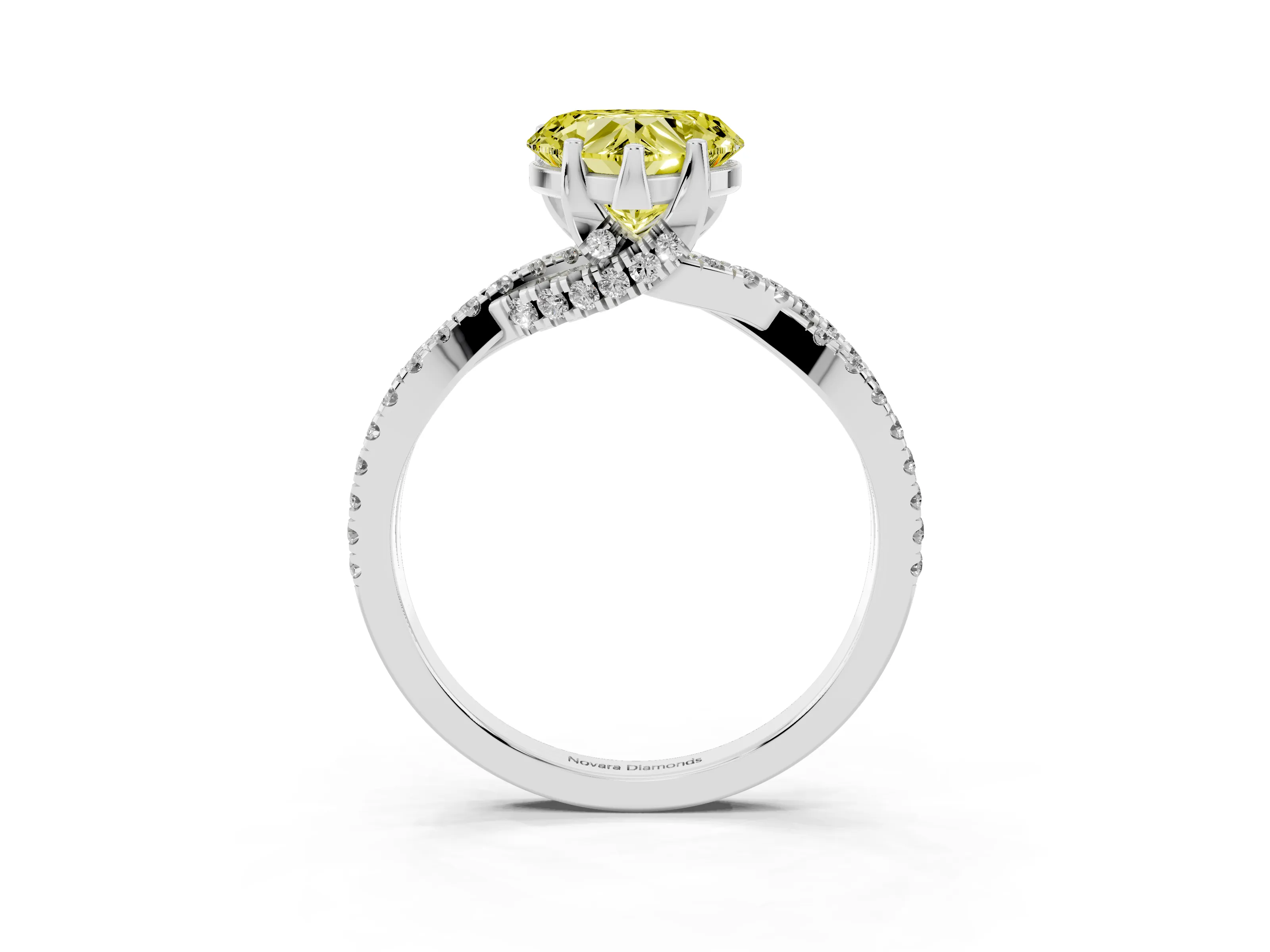 Fancy Yellow Heart Cut Diamond Twist Pavé Solitaire Engagement Ring Set in Platinum with Prong Setting