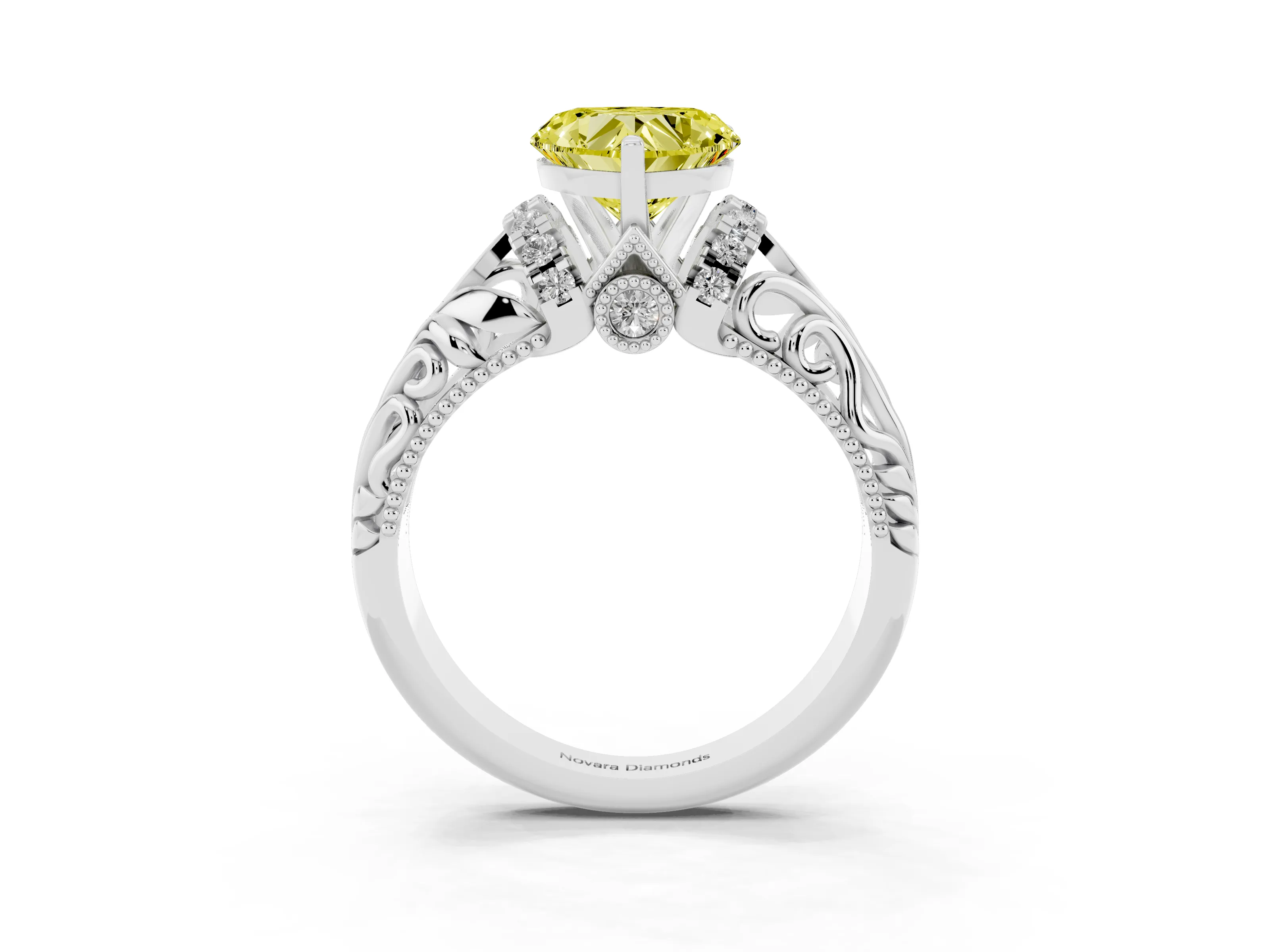 Fancy Yellow Heart Cut Diamond Filigree Halo Engagement Ring Set in Silver with Prong Setting