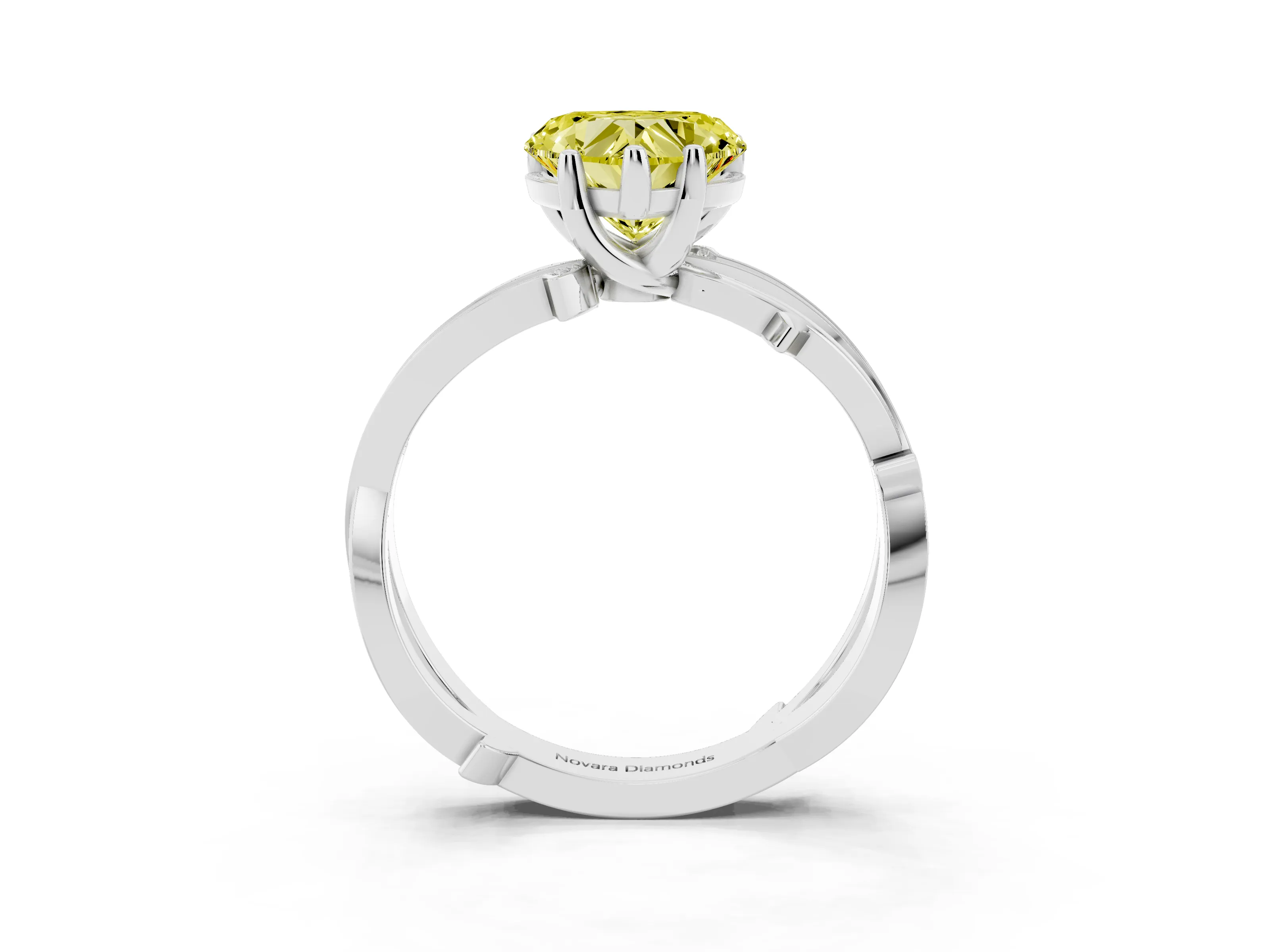 Fancy Yellow Heart Cut Diamond Pavé Twist Band Solitaire Ring Set in White gold with Prong Setting