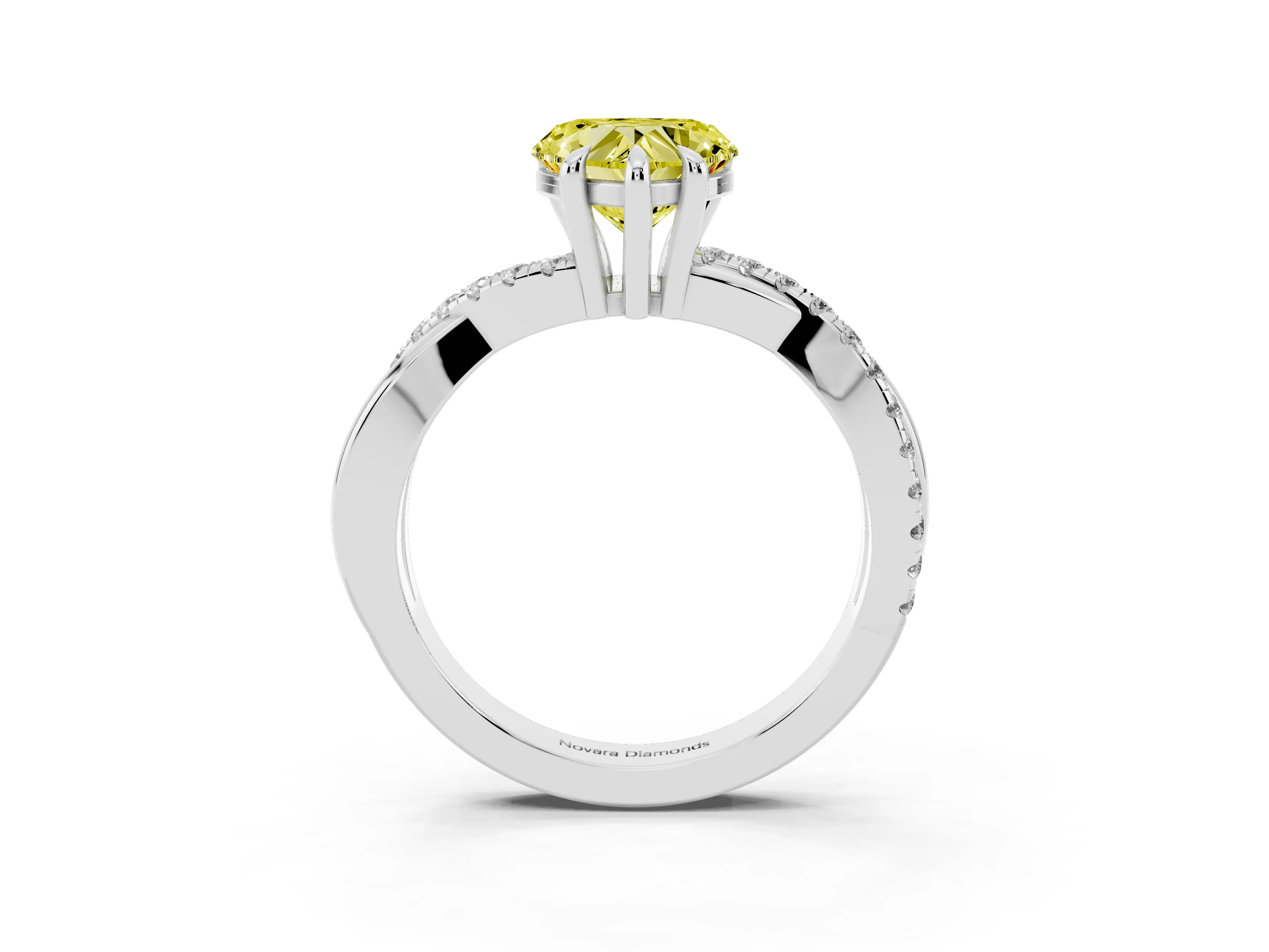 Fancy Yellow Heart Cut Diamond Twist Band Solitaire Set in White gold with Pavé Accents and Prong Setting