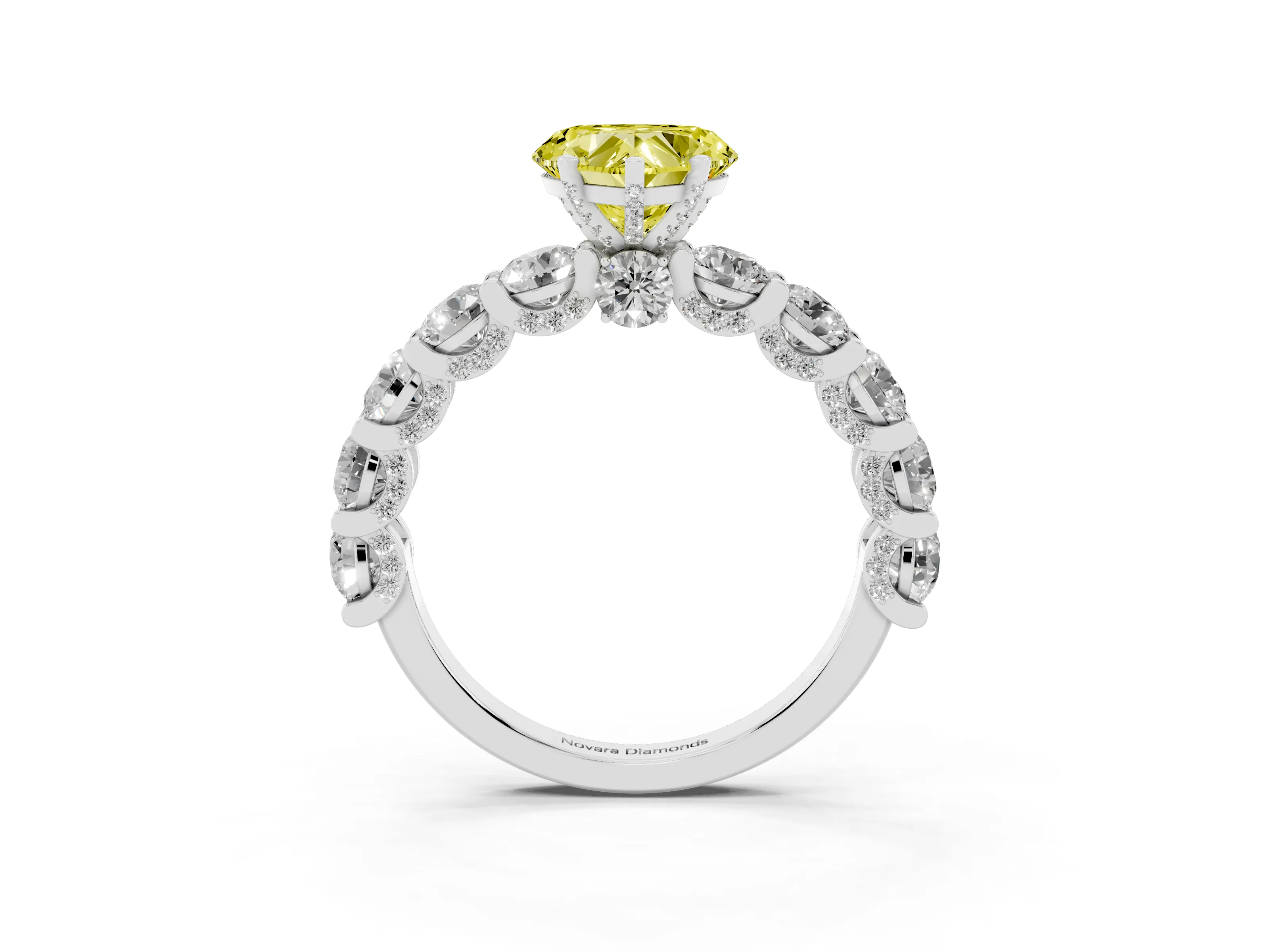 Fancy Yellow Heart Cut Diamond Side Stone Ring Set in White gold with Alternating Round and Oval Side Stones