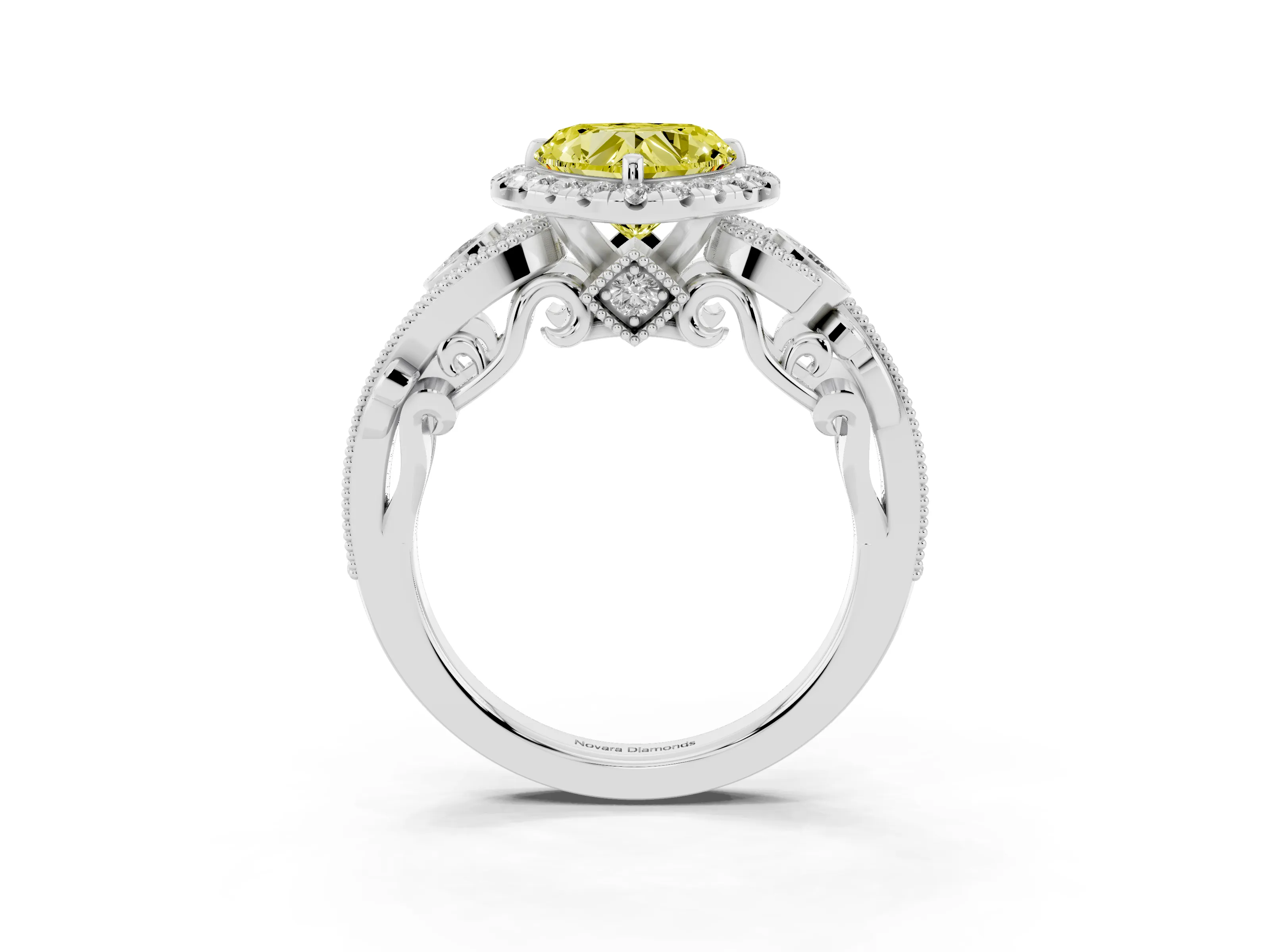 Fancy Yellow Heart Cut Diamond Halo Ring Set in Silver with Milgrain Pavé Band and Prong Setting