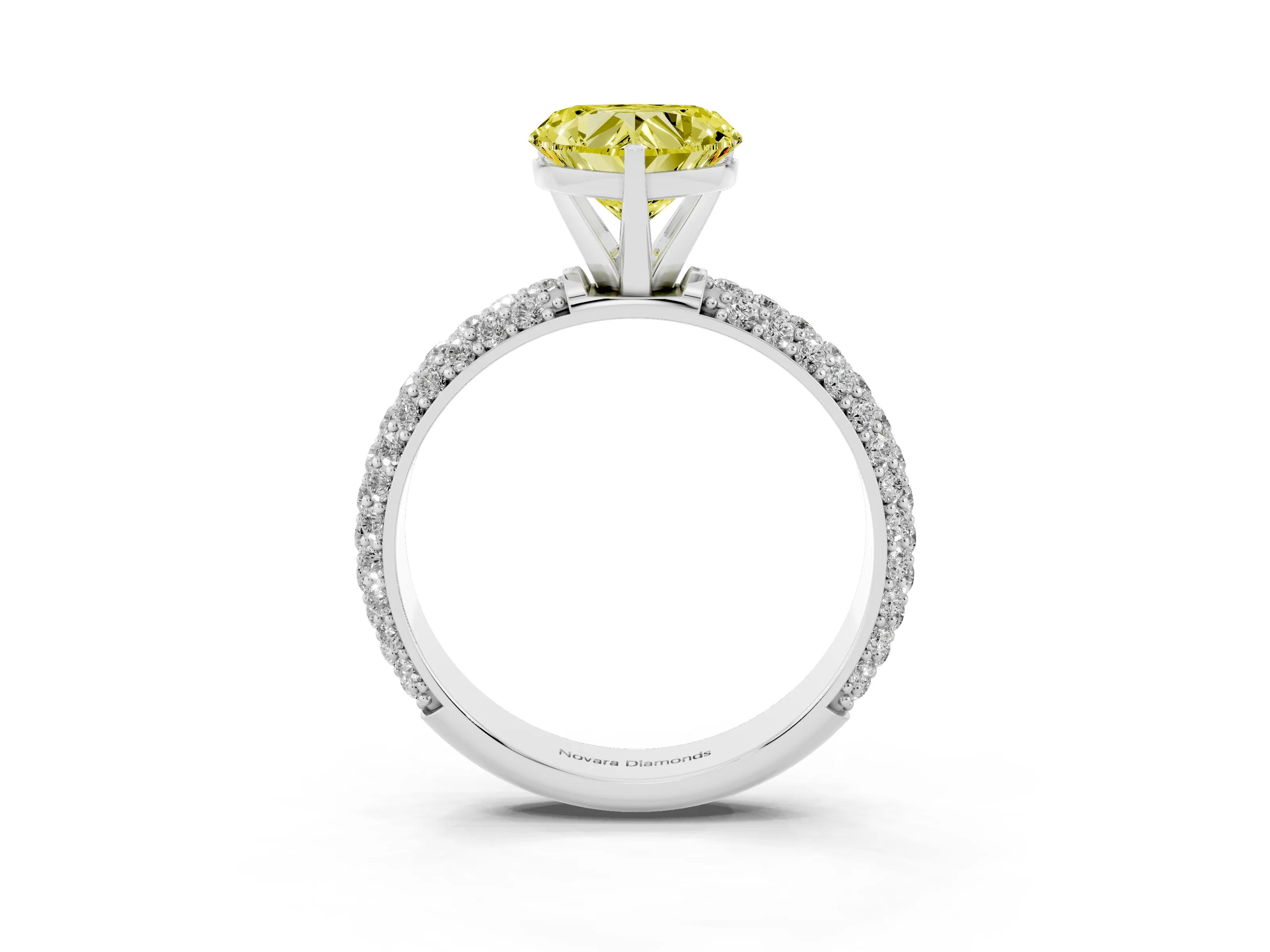 Fancy Yellow Heart Cut Diamond Solitaire Ring Set in White gold with Prong Setting and Pavé-Set Band