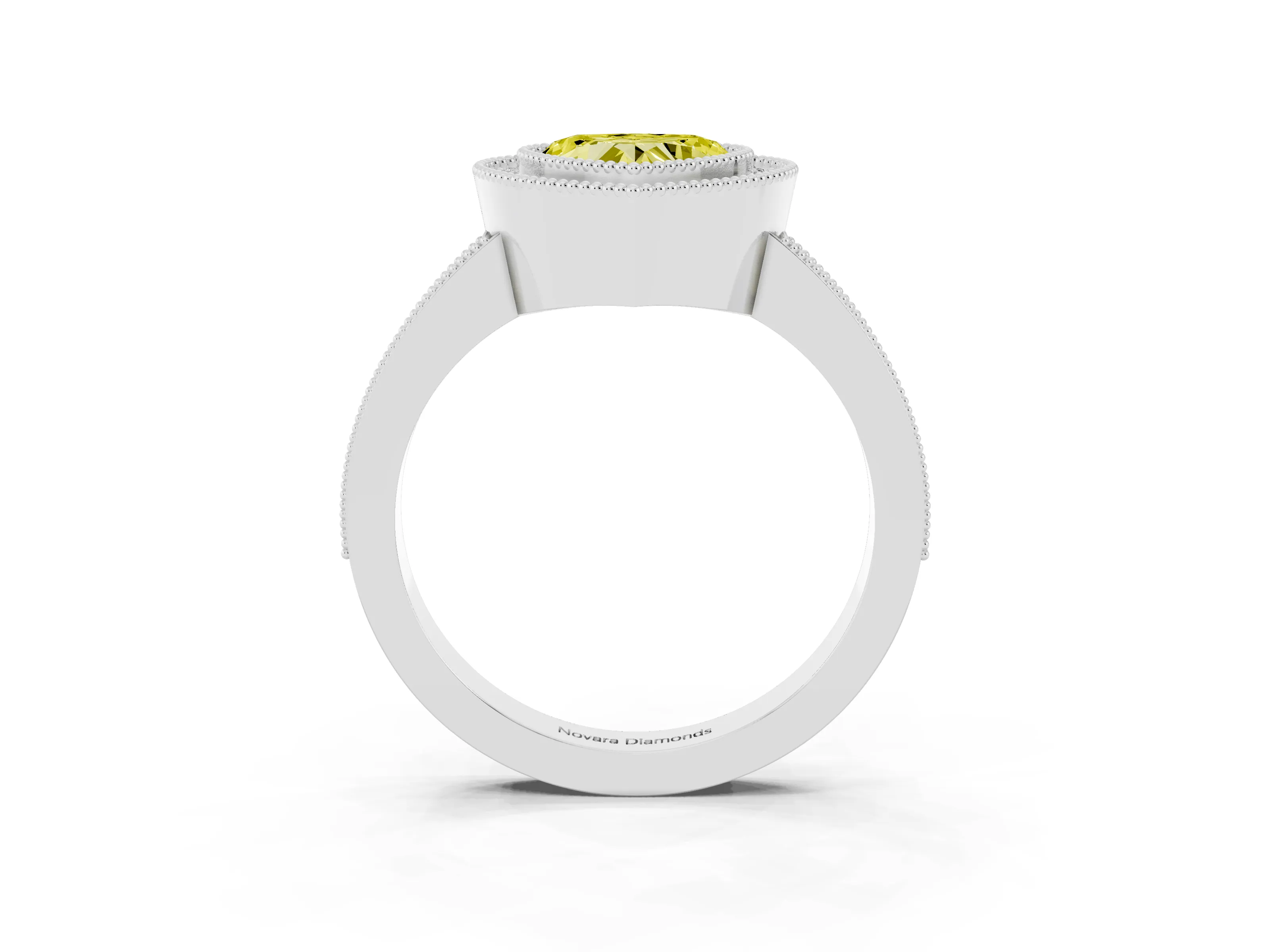 Fancy Yellow Heart Cut Diamond Halo Engagement Ring Set in White gold with Pavé Band and Round Halo Stones