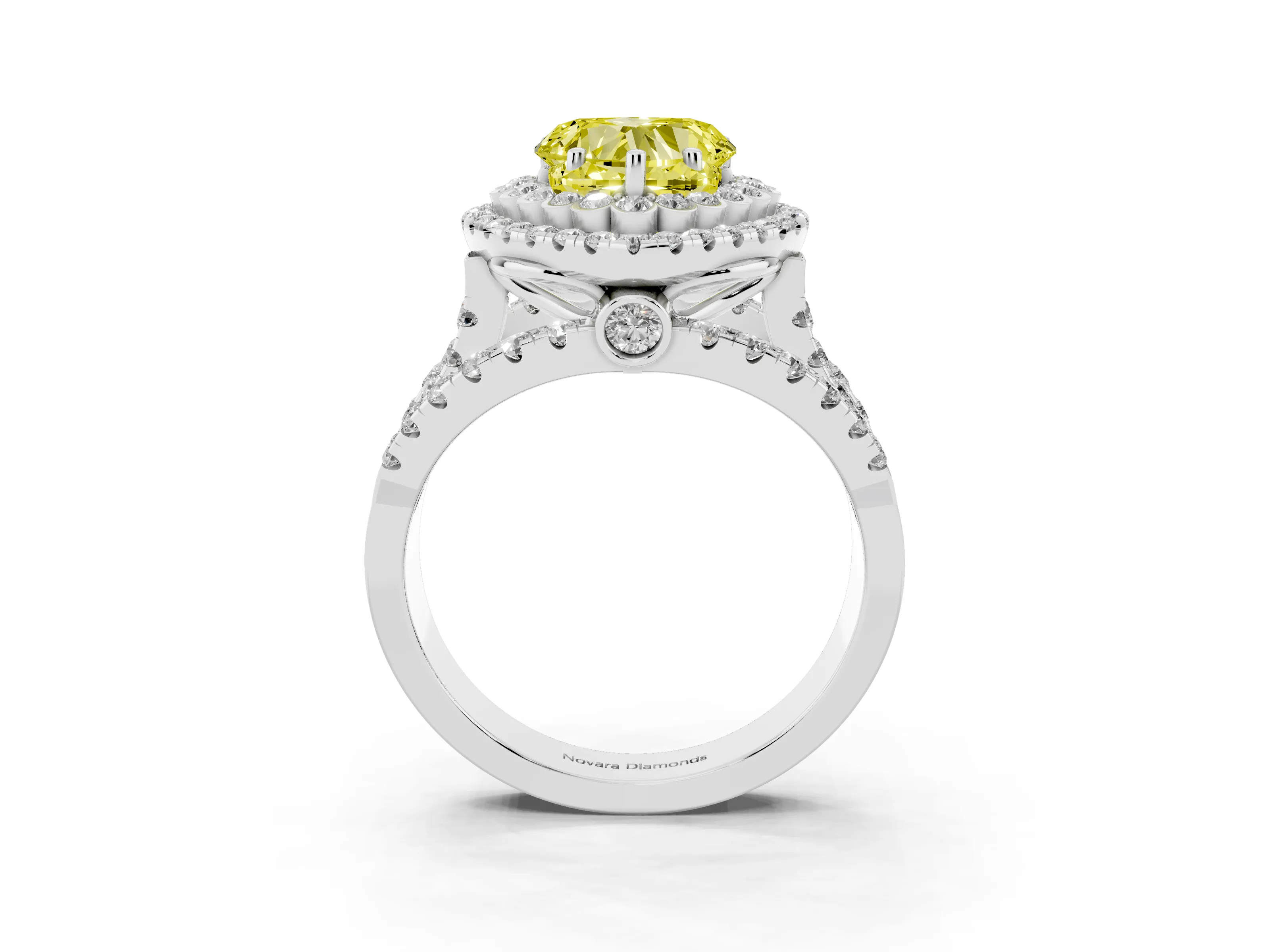 Fancy Yellow Heart Cut Diamond Double Halo Ring Set in White gold with Round Pavé Split Shank