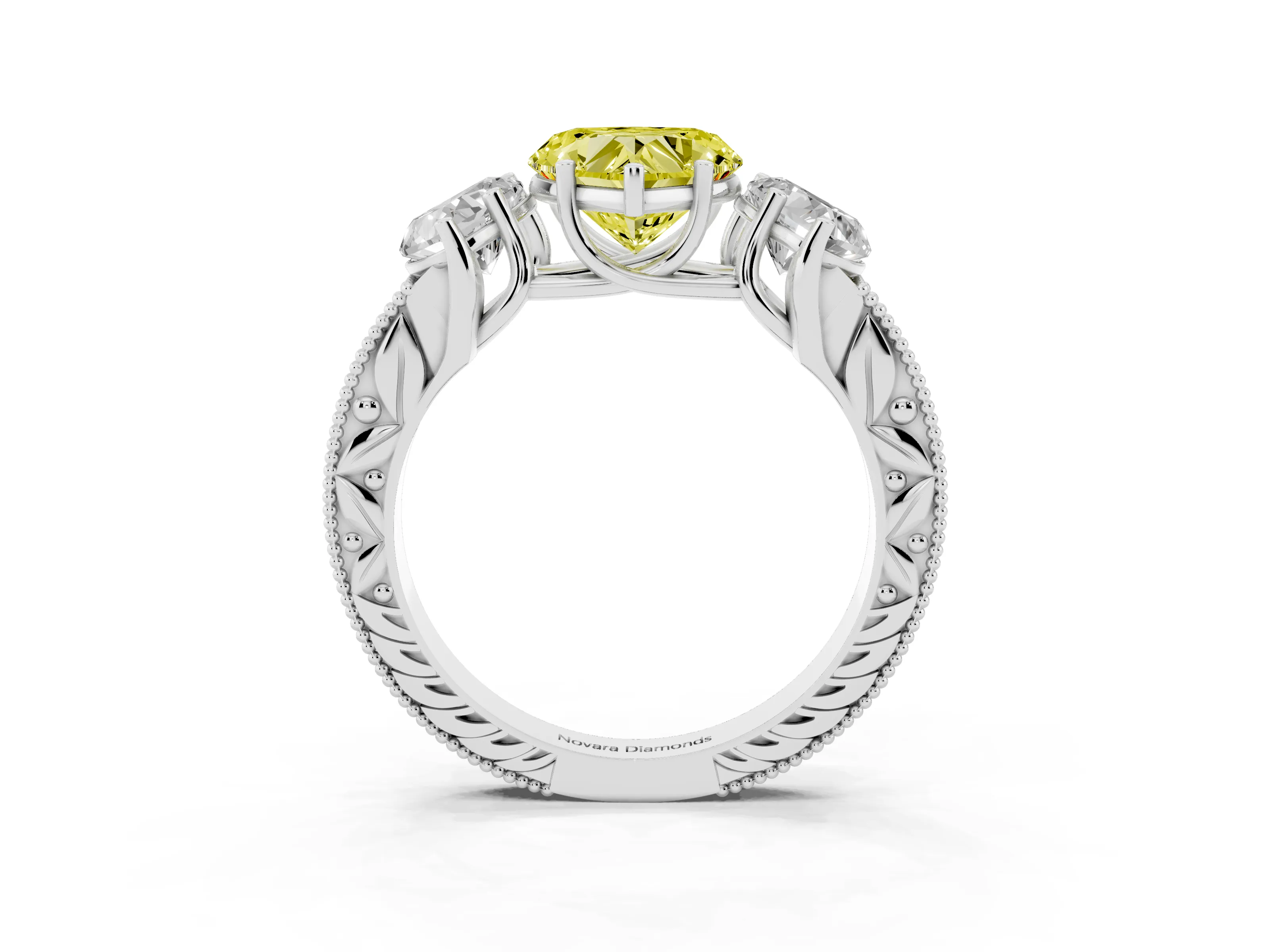 Fancy Yellow Heart Cut Diamond Three-Stone Engagement Ring Set in Silver with Milgrain Pavé Band