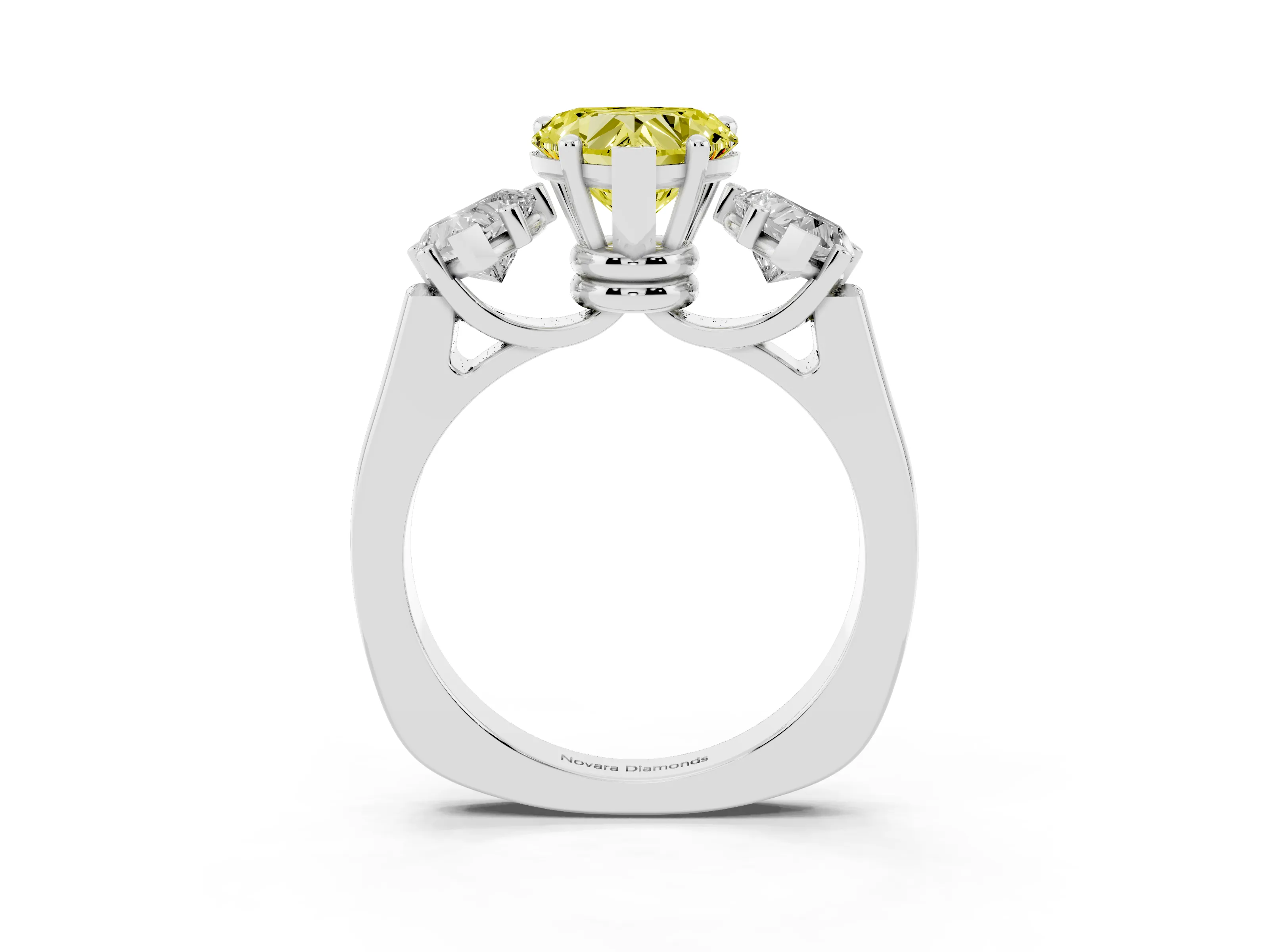 Fancy Yellow Heart Cut Diamond Three-Stone Trellis Ring Set in Platinum with Comfort Fit Band