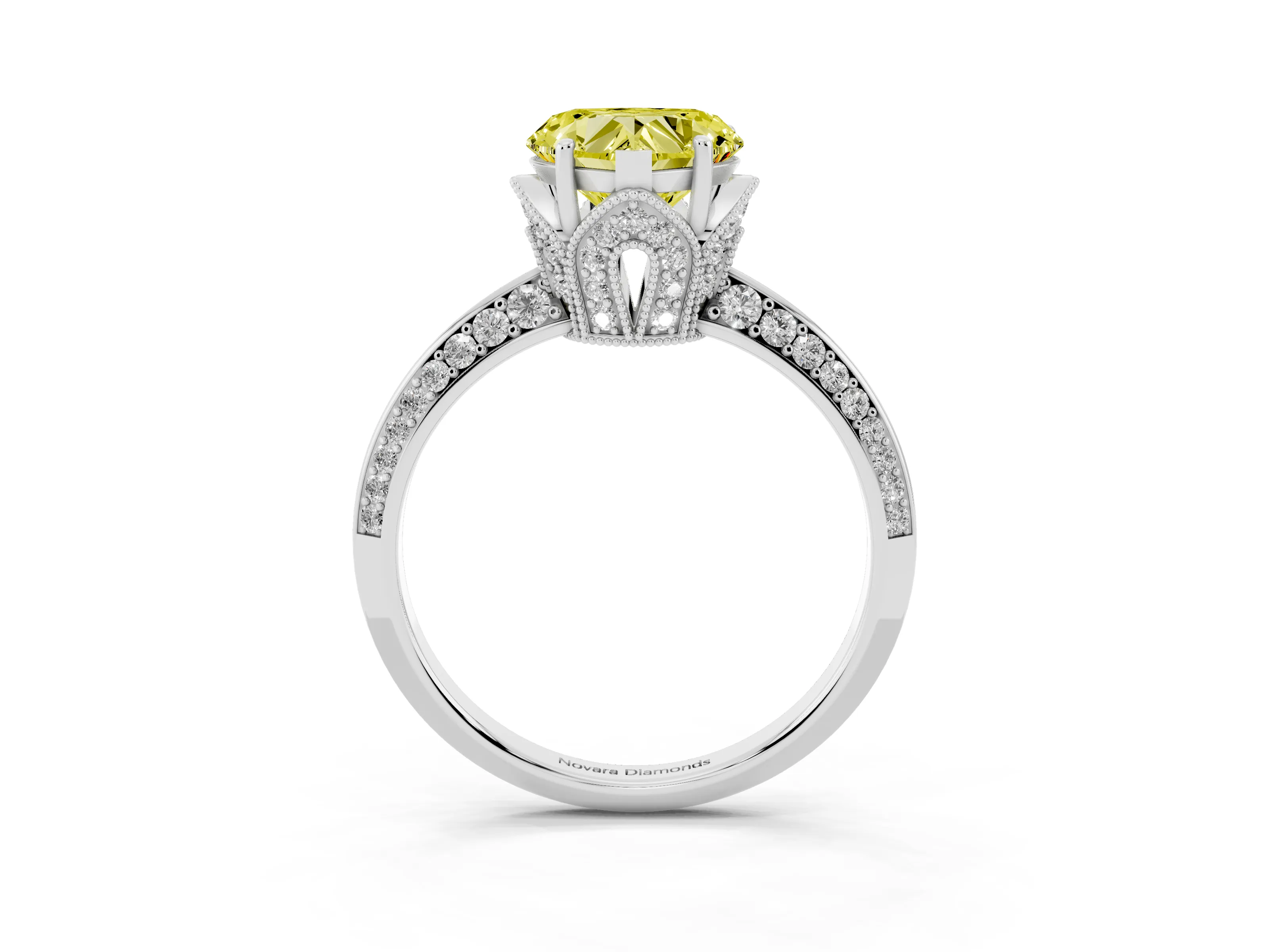 Fancy Yellow Heart Cut Diamond Solitaire Engagement Ring Set in White gold with Pavé Split Shank and Prong Setting