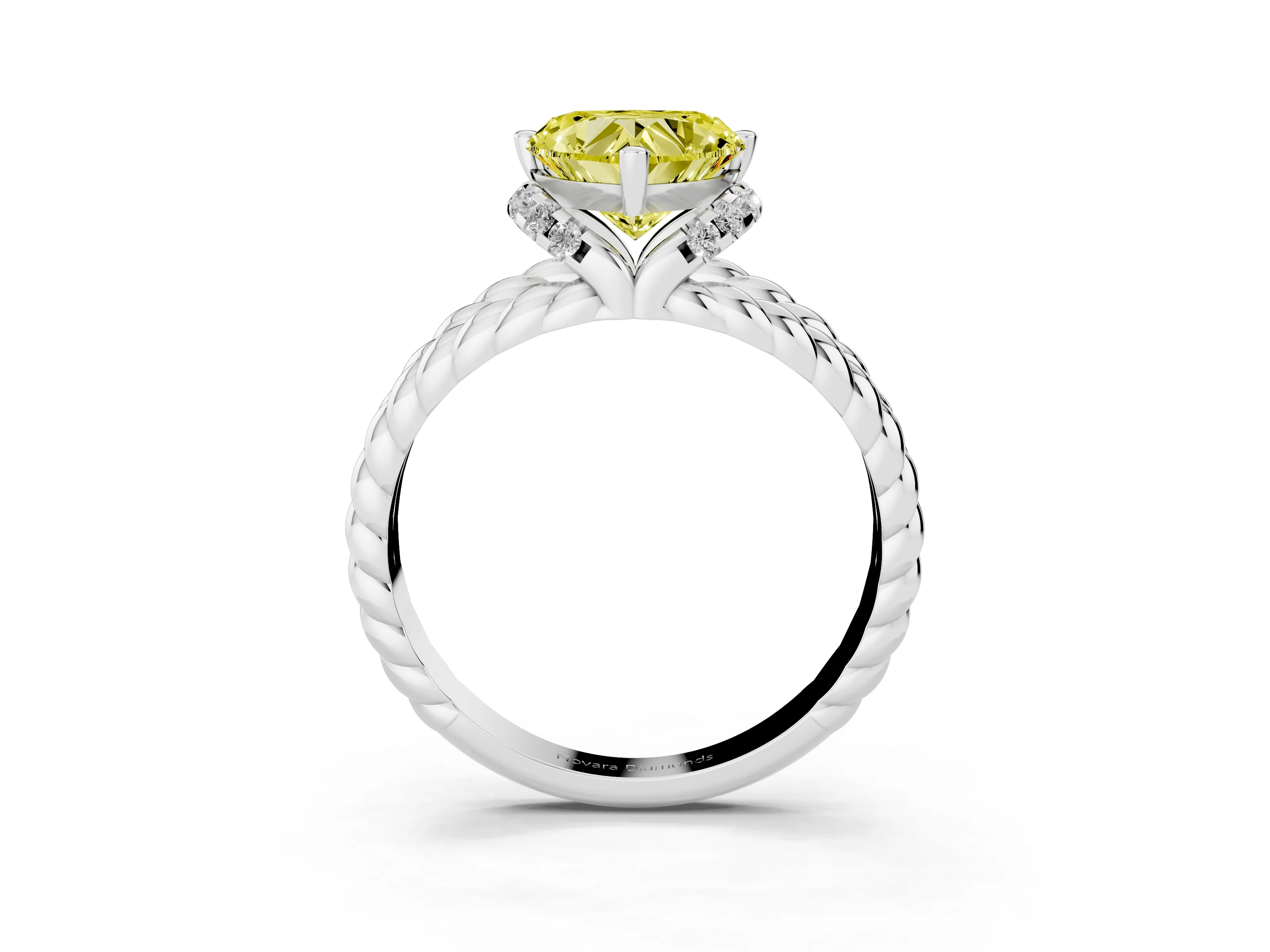 Fancy Yellow Heart Cut Diamond Halo Ring Set in White gold with Twisted Band and Prong Setting