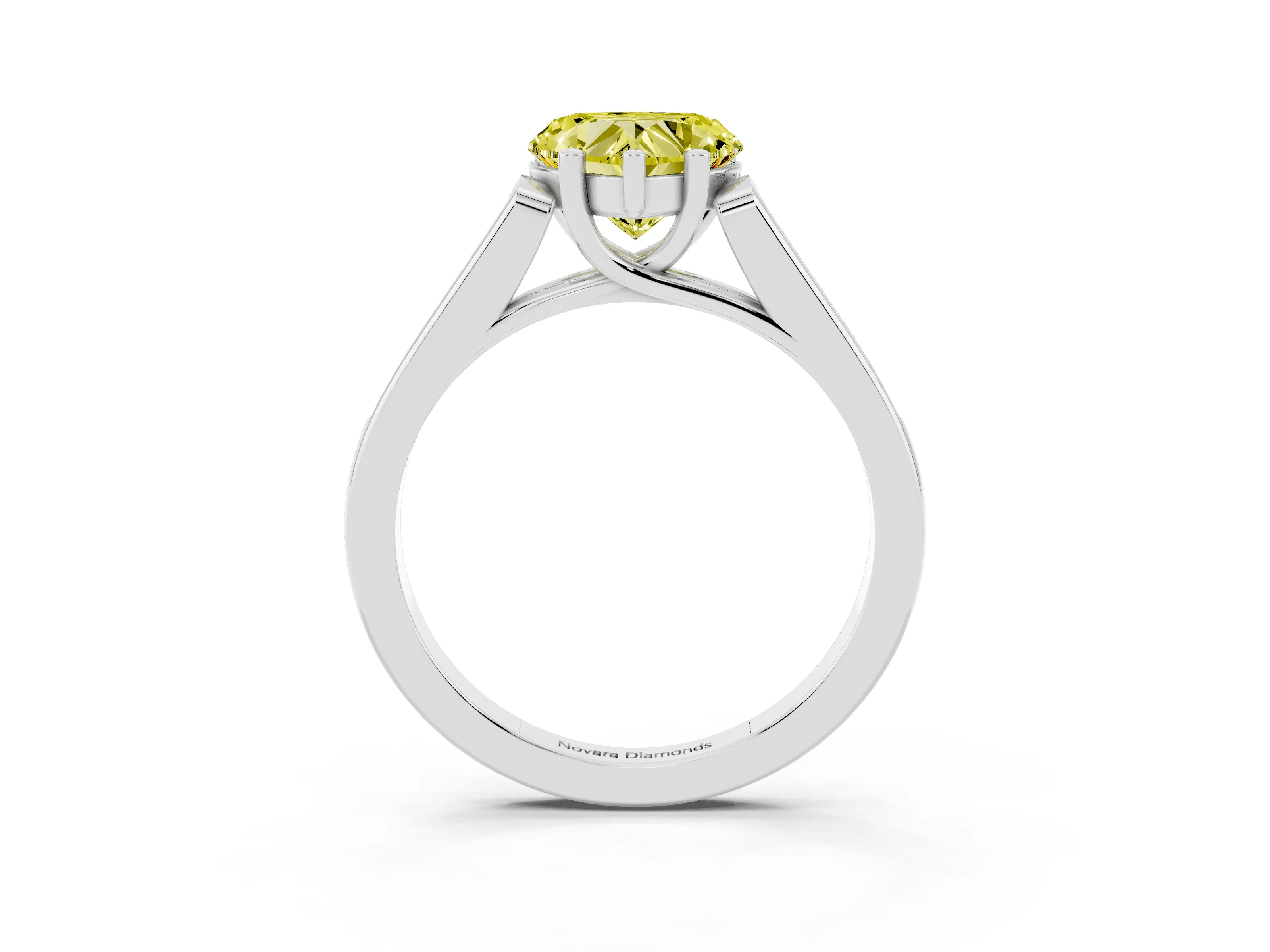Fancy Yellow Heart Cut Diamond Solitaire Cathedral Engagement Ring Set in White gold with Channel-Set Band and Prong Setting