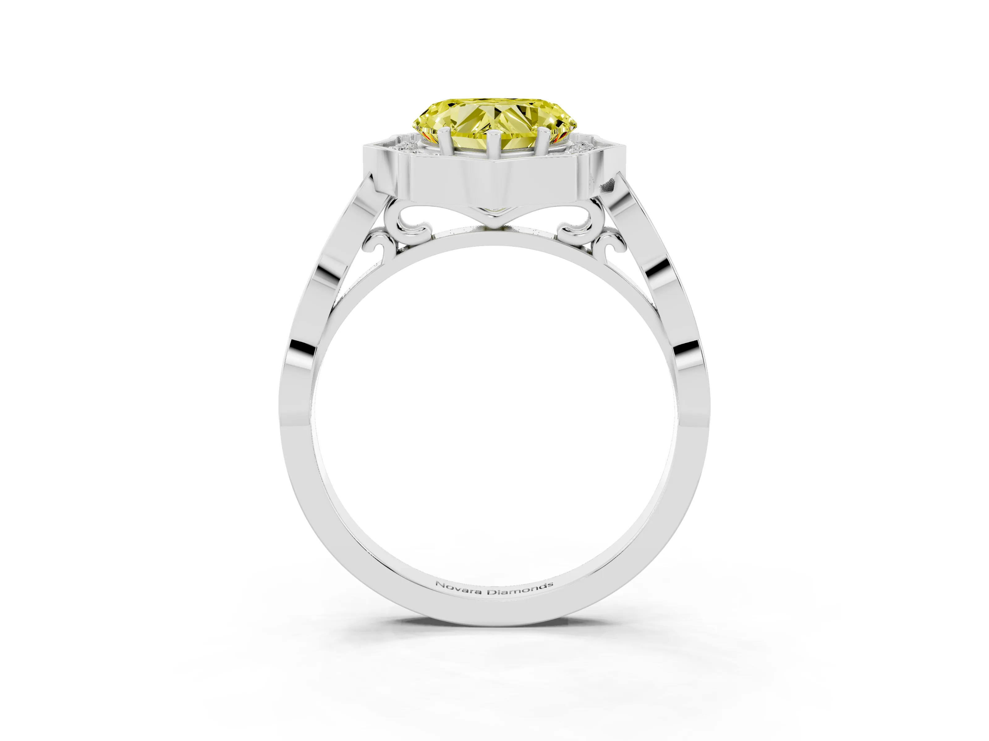 Fancy Yellow Heart Cut Diamond Halo Engagement Ring Set in White gold with Milgrain Band and Prong Setting