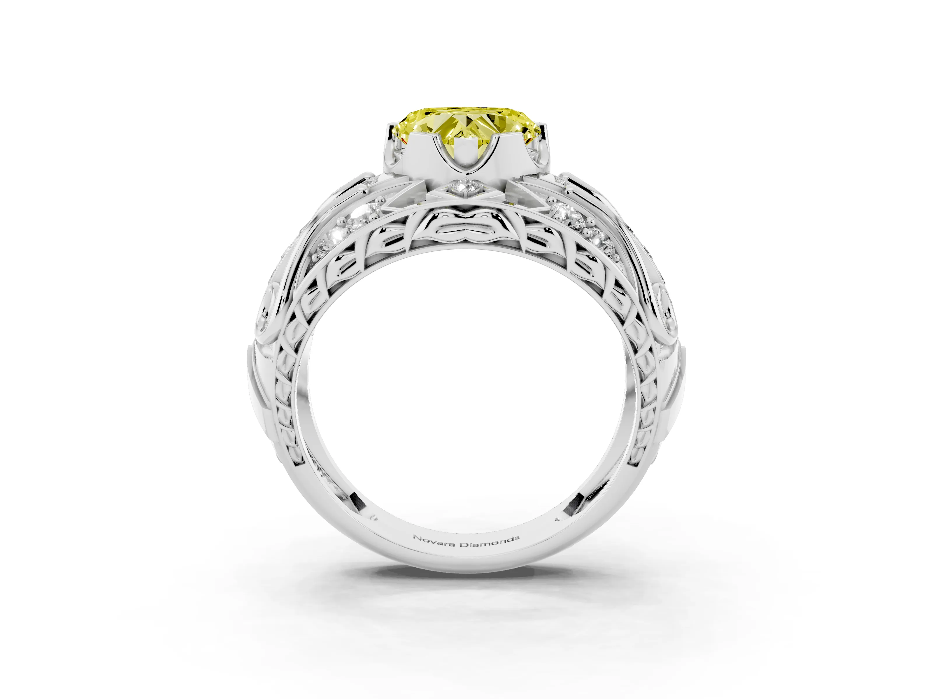Fancy Yellow Heart Cut Diamond Art Deco Ring Set in Platinum with Pavé Split Shank