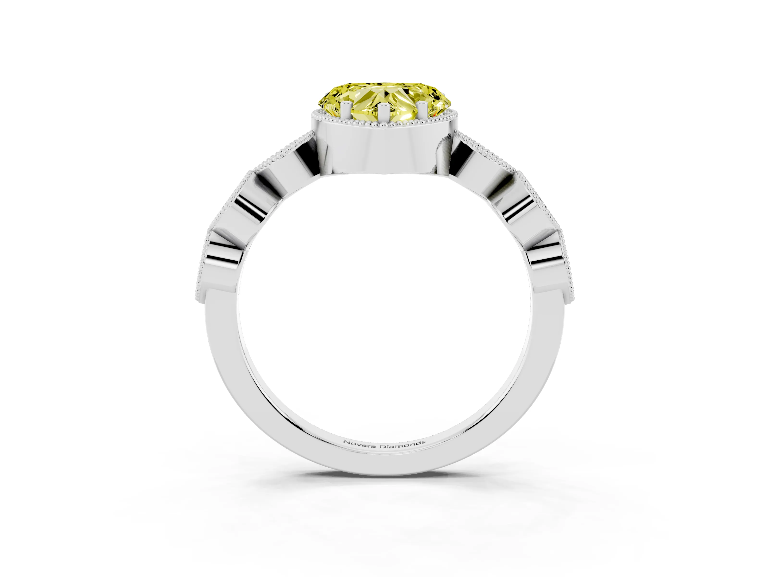 Fancy Yellow Heart Cut Diamond Vintage-Inspired Milgrain Ring Set in White gold with Marquise Stations of Round Accents