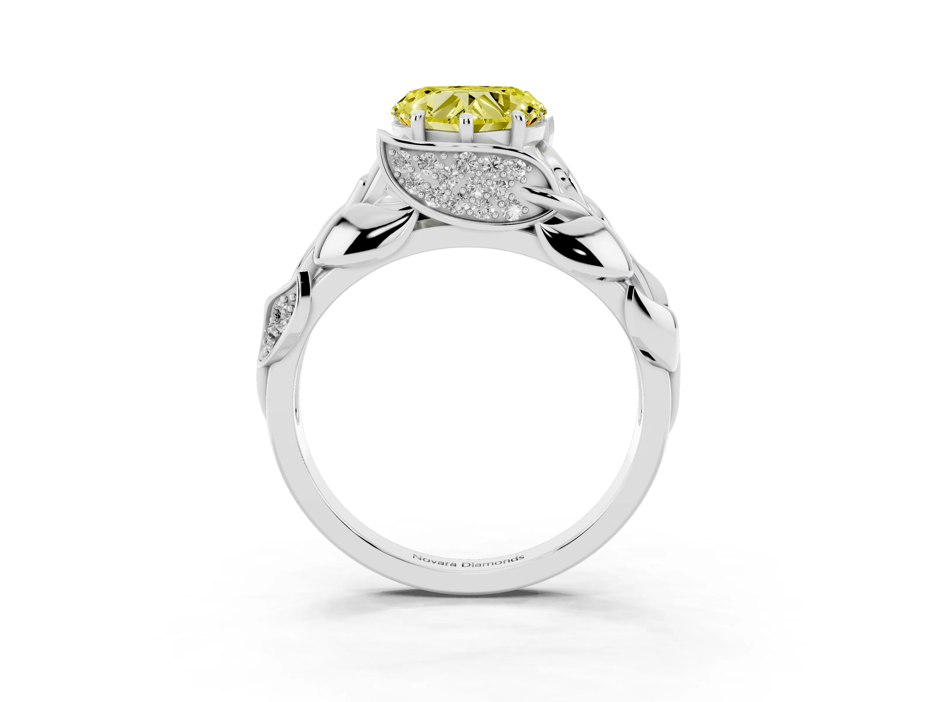 Fancy Yellow Heart Cut Diamond Leaf-Inspired Engagement Ring Set in Platinum with Round Accents