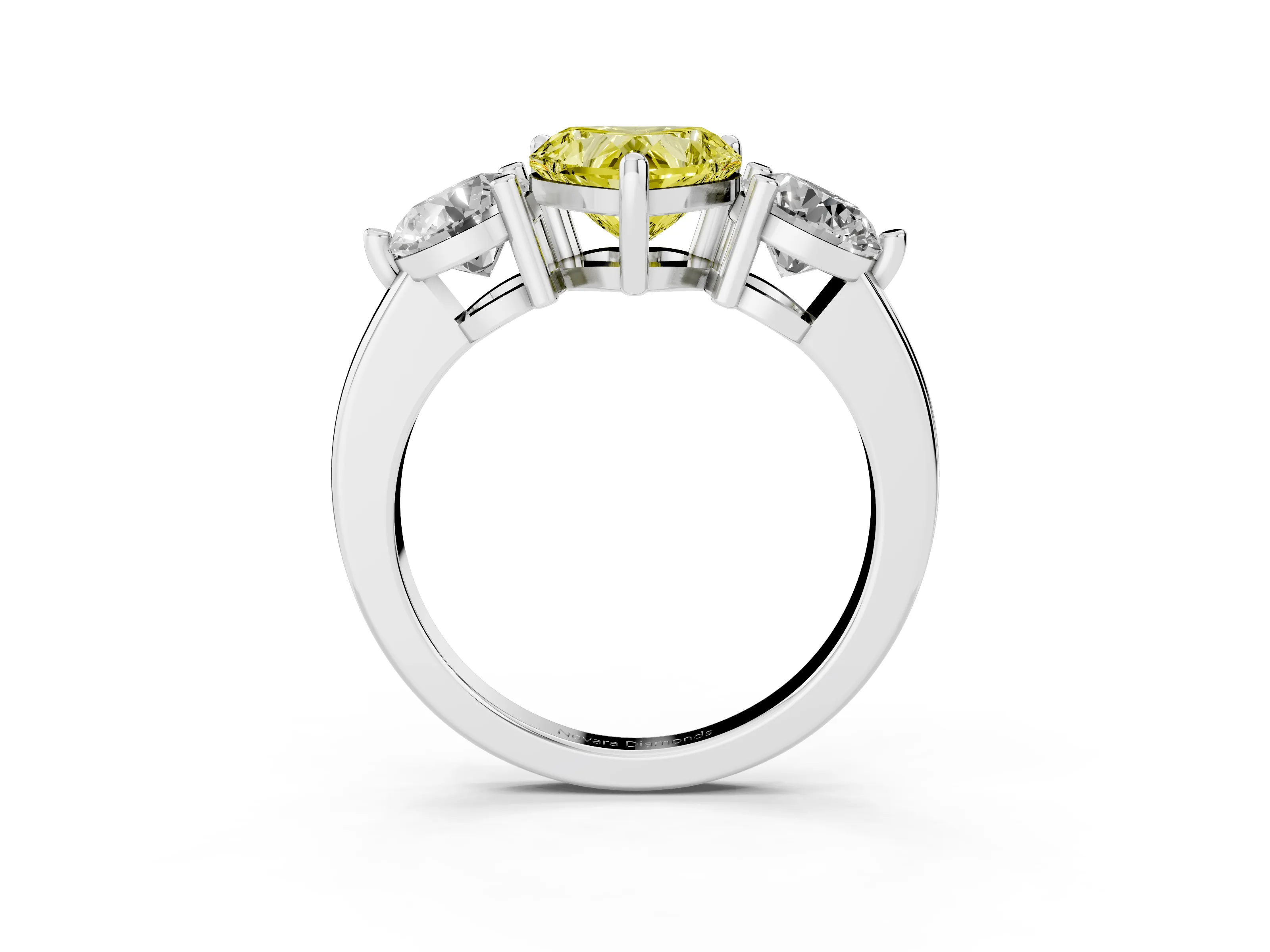 Fancy Yellow Heart Cut Diamond Three-Stone Ring Set in Platinum with Prong Setting and Classic Band
