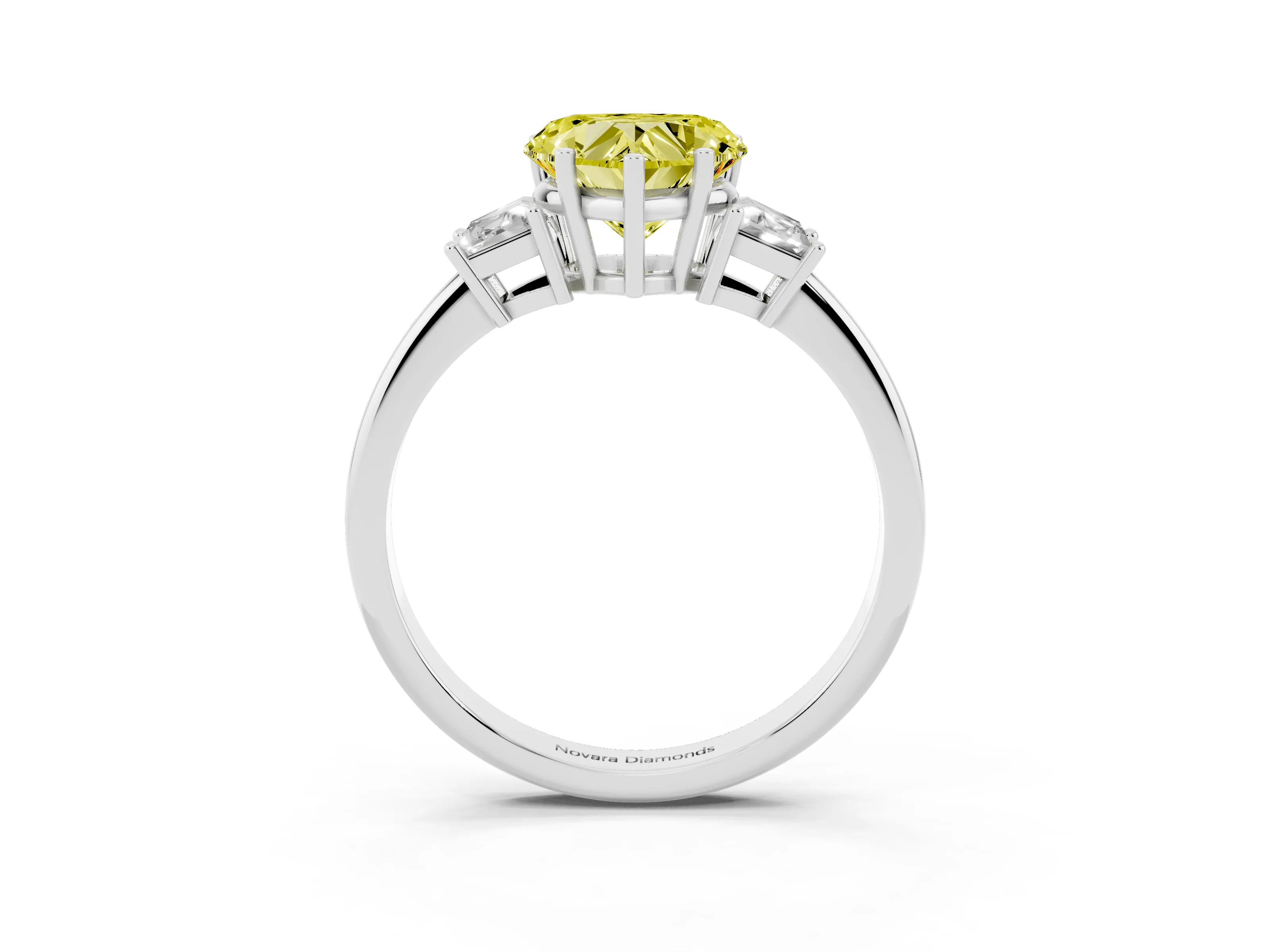 Fancy Yellow Heart Cut Diamond Three-Stone Ring Set in Silver with Trapezoid Side Stones and Prong Setting