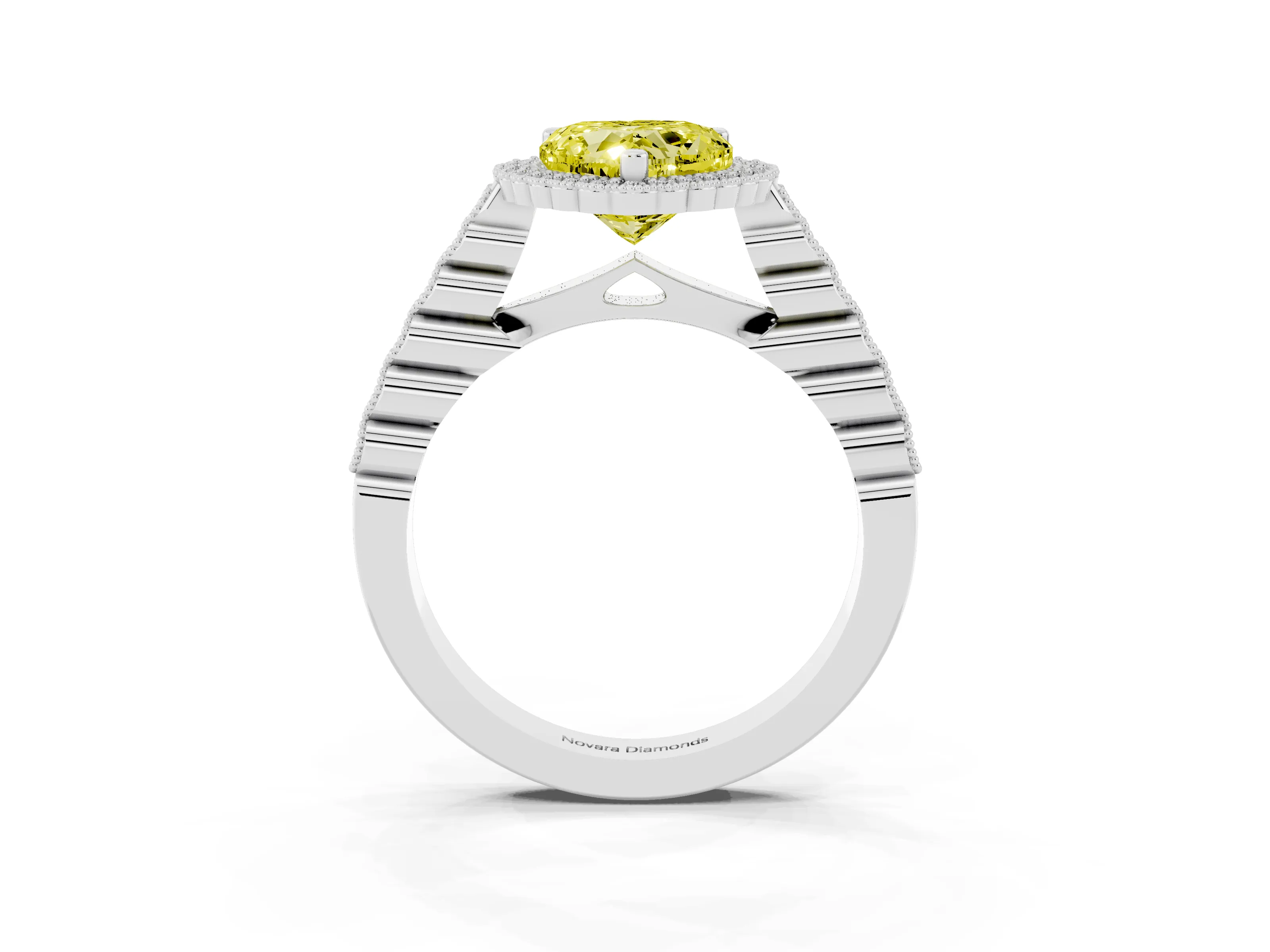Fancy Yellow Heart Cut Diamond Halo Ring Set in Platinum with Pavé Milgrain Band