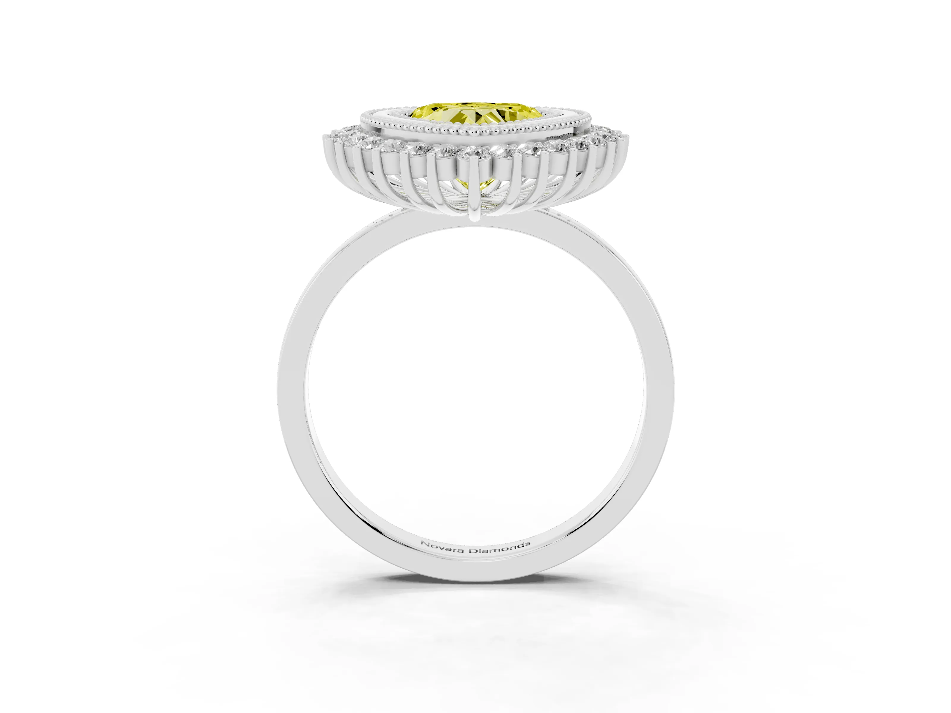 Fancy Yellow Heart Cut Diamond Halo Ring Set in White gold with Milgrain Edge and Round Prong Setting