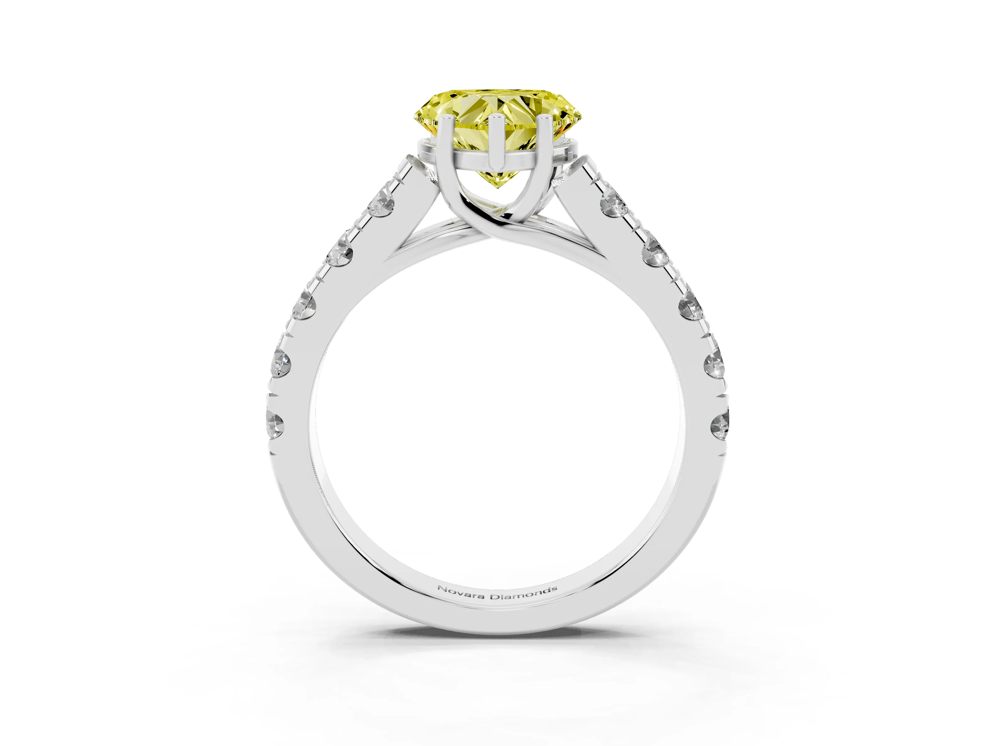 Fancy Yellow Heart Cut Diamond Solitaire Ring Set in White gold with Cut-Down Micro Pavé Band and Prong Setting