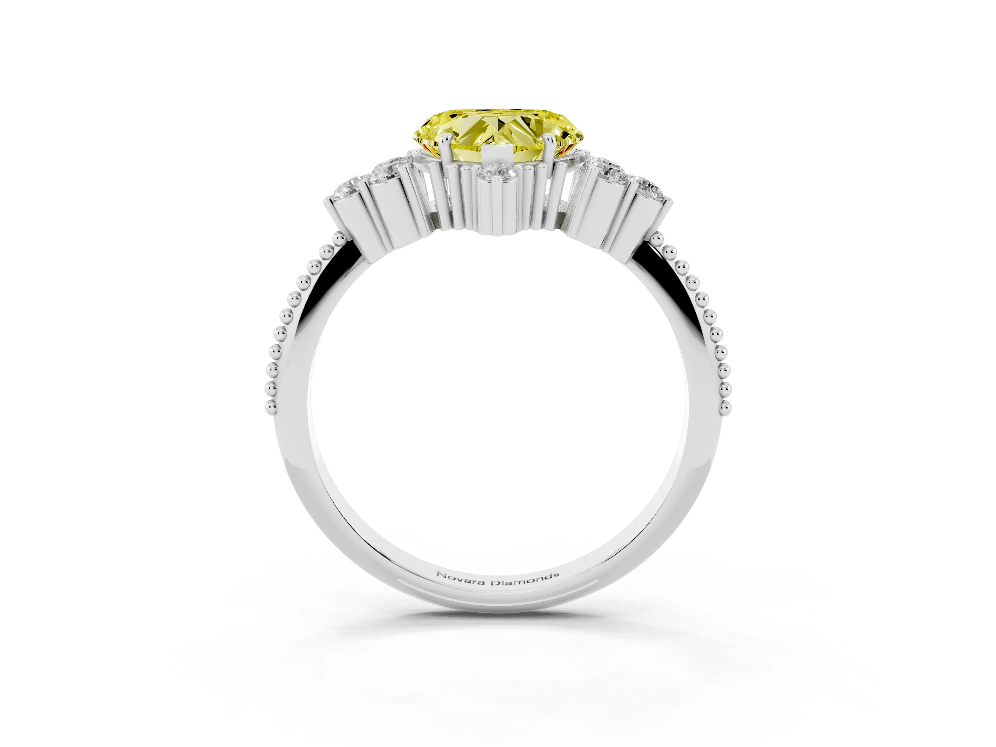 Fancy Yellow Heart Cut Diamond Cluster Ring Set in White gold with Beaded Band