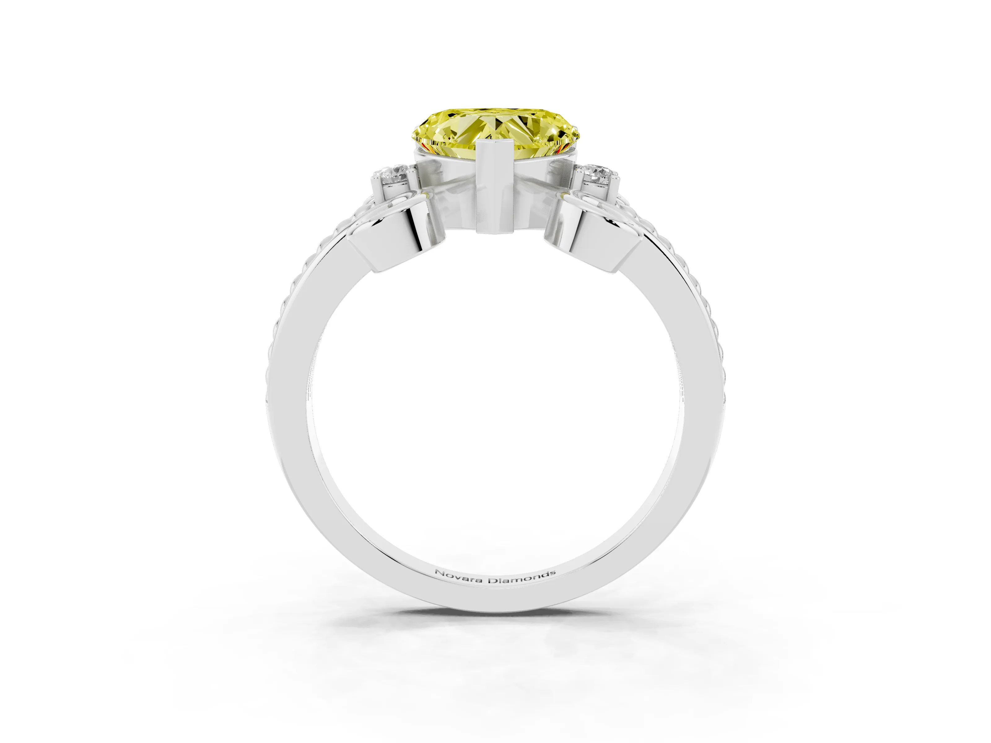 Fancy Yellow Heart Cut Diamond Twisted Band Solitaire Ring Set in Platinum with Scroll Prongs