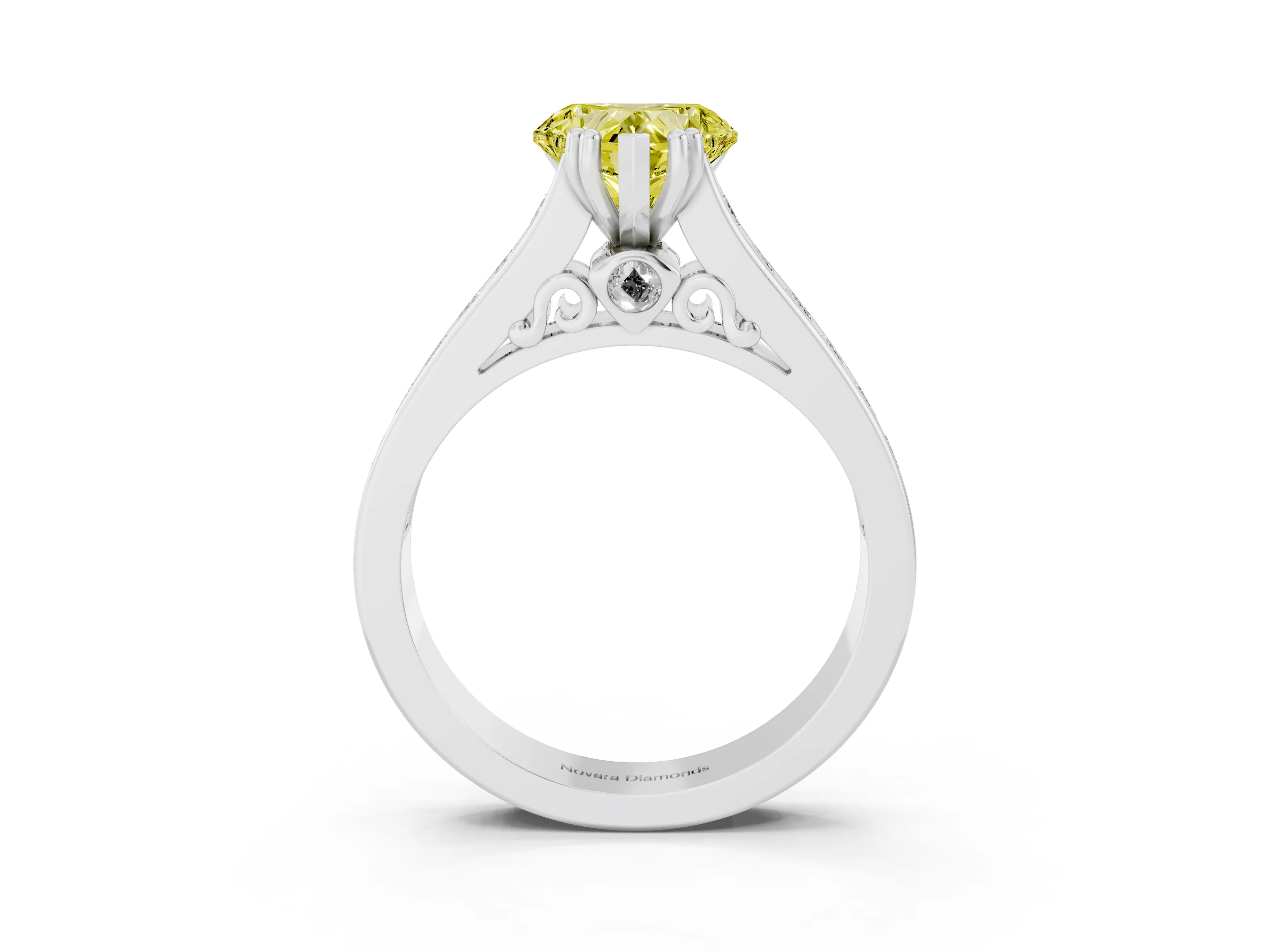 Fancy Yellow Heart Cut Diamond Channel Set Solitaire Engagement Ring Set in Platinum with Prong Setting