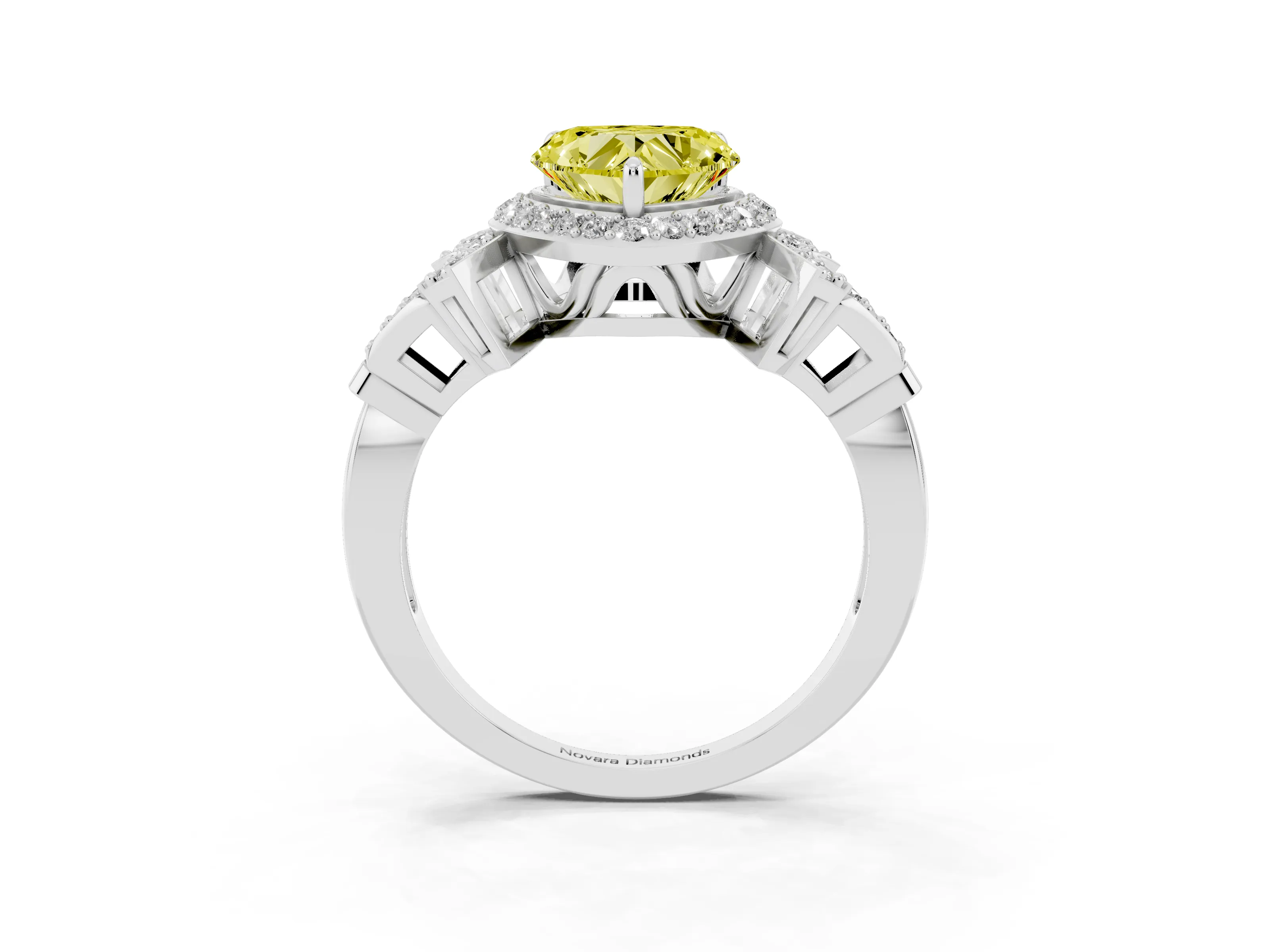 Fancy Yellow Heart Cut Diamond Halo Engagement Ring Set in White gold with Accent Stone Split Shank