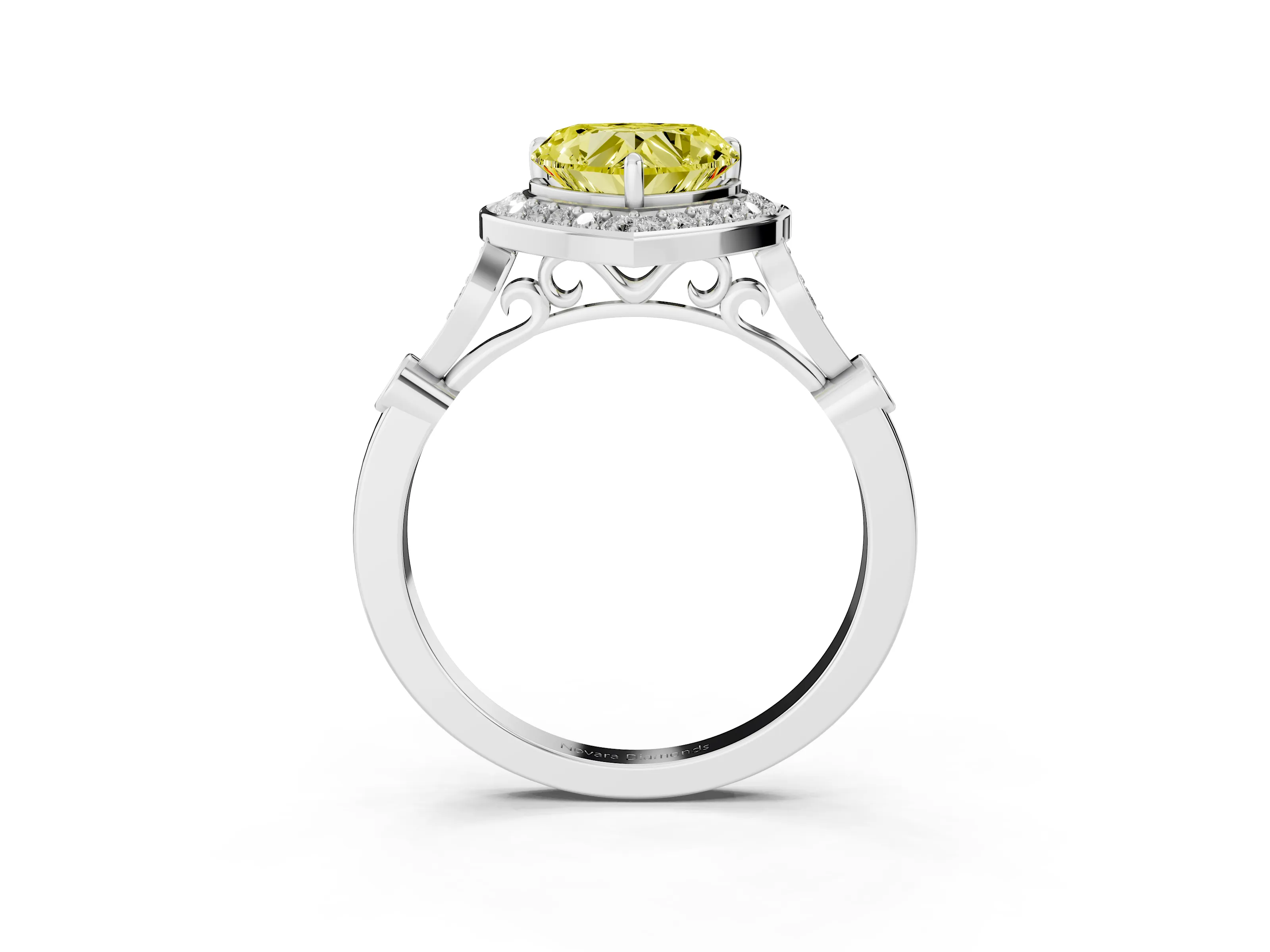 Fancy Yellow Heart Cut Diamond Halo Engagement Ring Set in Silver with Twisted Band and Prong Setting