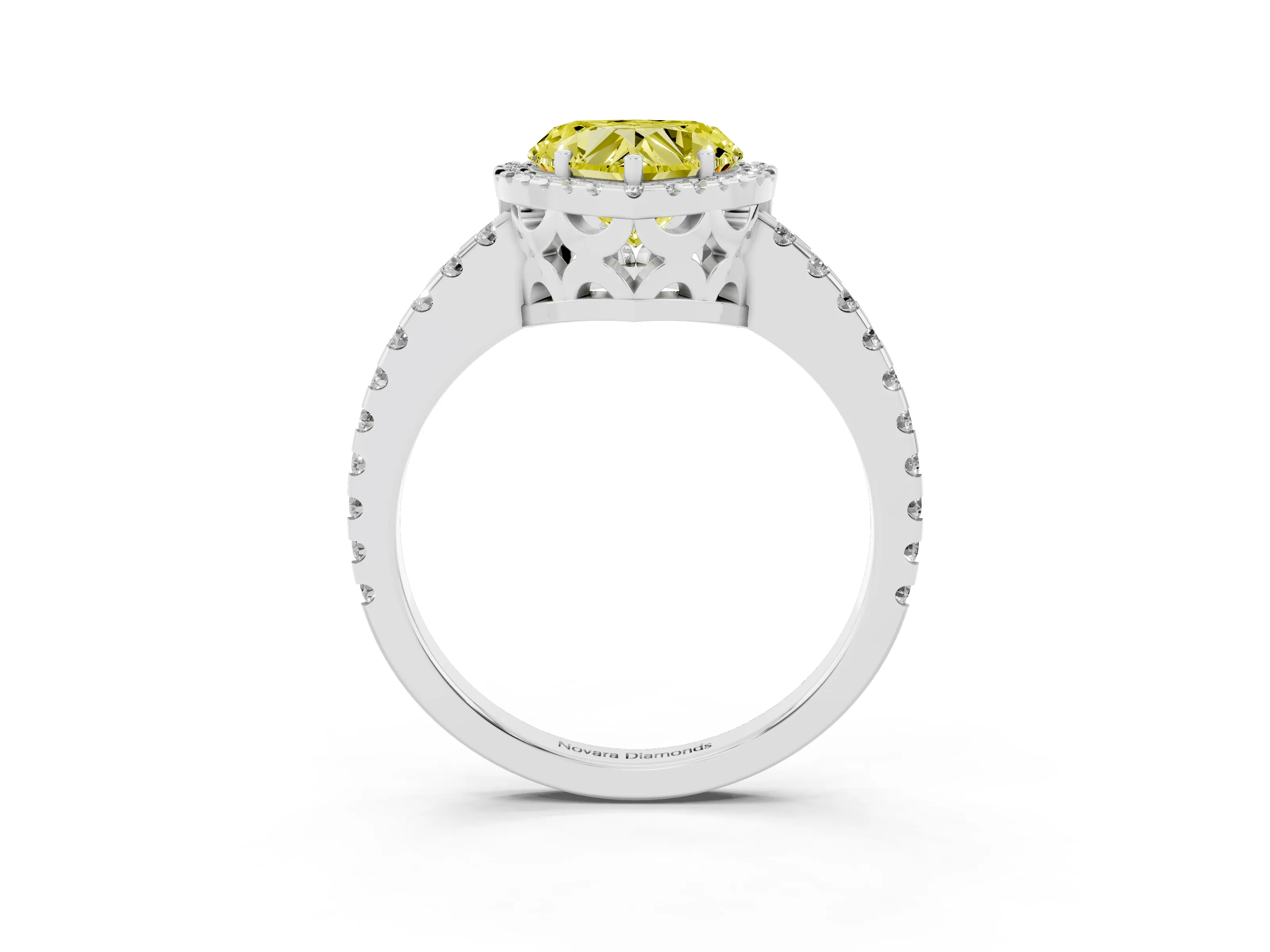 Fancy Yellow Heart Cut Diamond Halo Ring Set in Platinum with Pavé Shoulders and Halo-Framed Center
