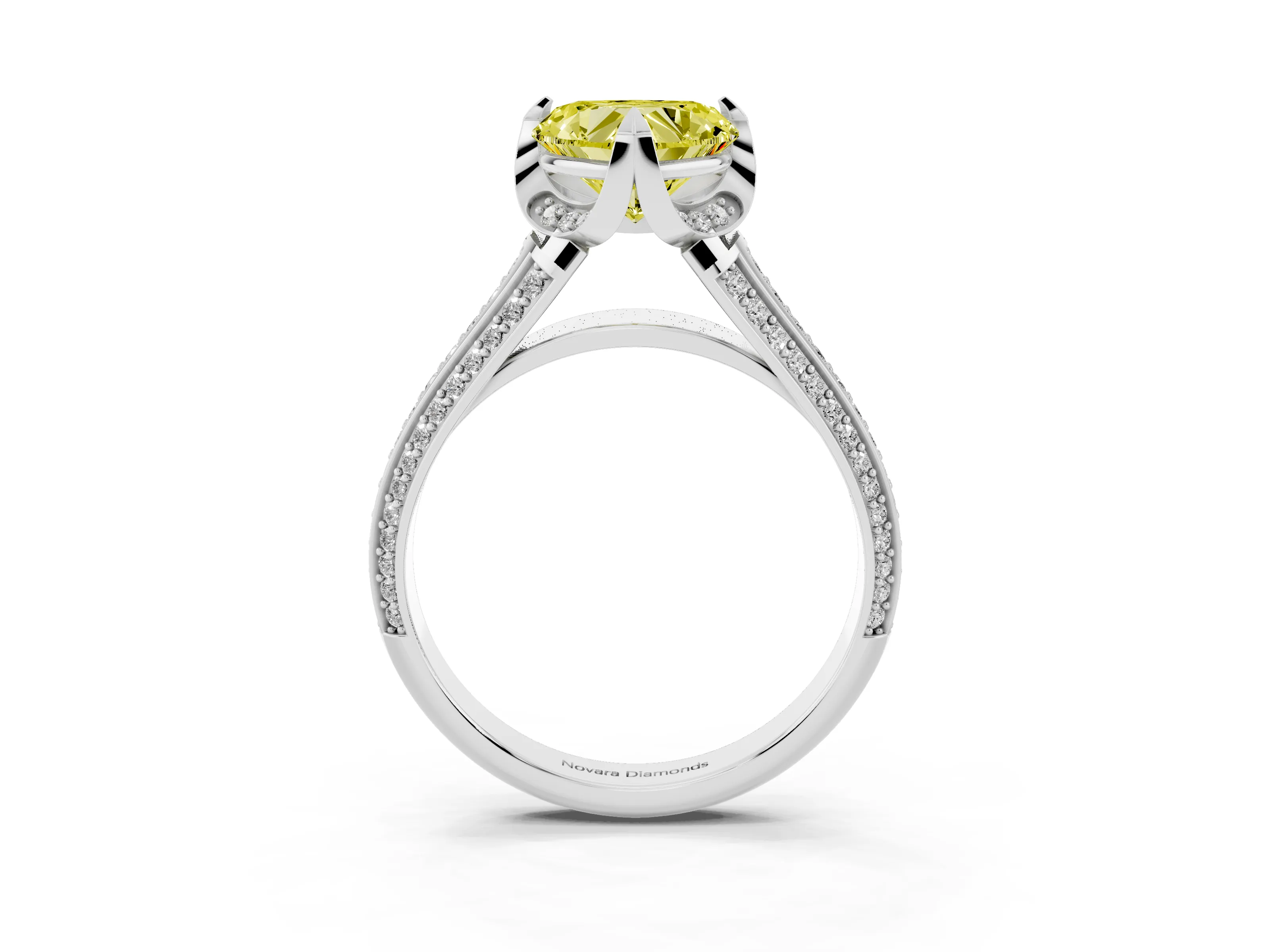 Fancy Yellow Heart Cut Diamond Pavé Split Shank Solitaire Ring Set in Silver with Prong Setting