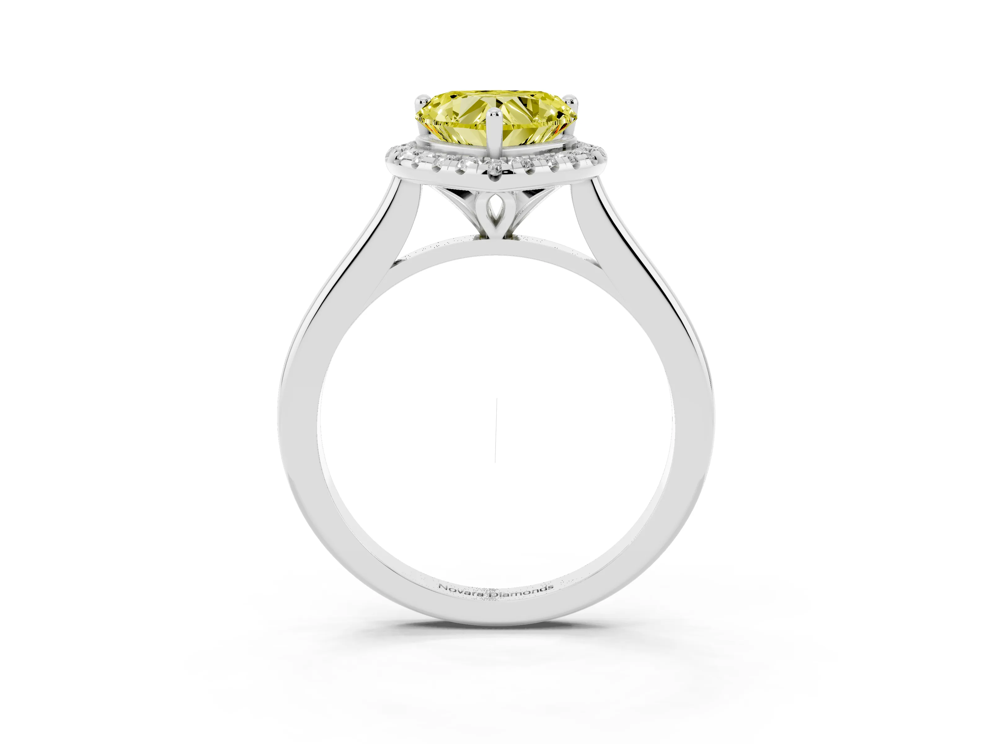 Fancy Yellow Heart Cut Diamond Halo Engagement Ring Set in White gold with Pavé Band and Rising Shoulders
