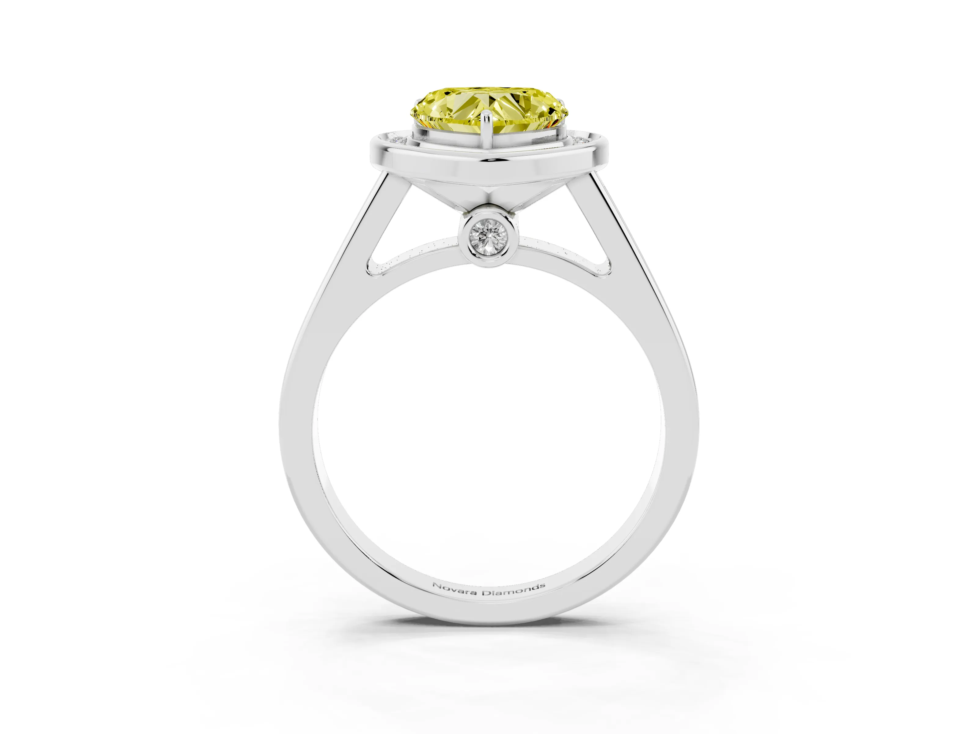 Fancy Yellow Heart Cut Diamond Halo Solitaire Ring Set in White gold with Pavé Band and Bezel Setting