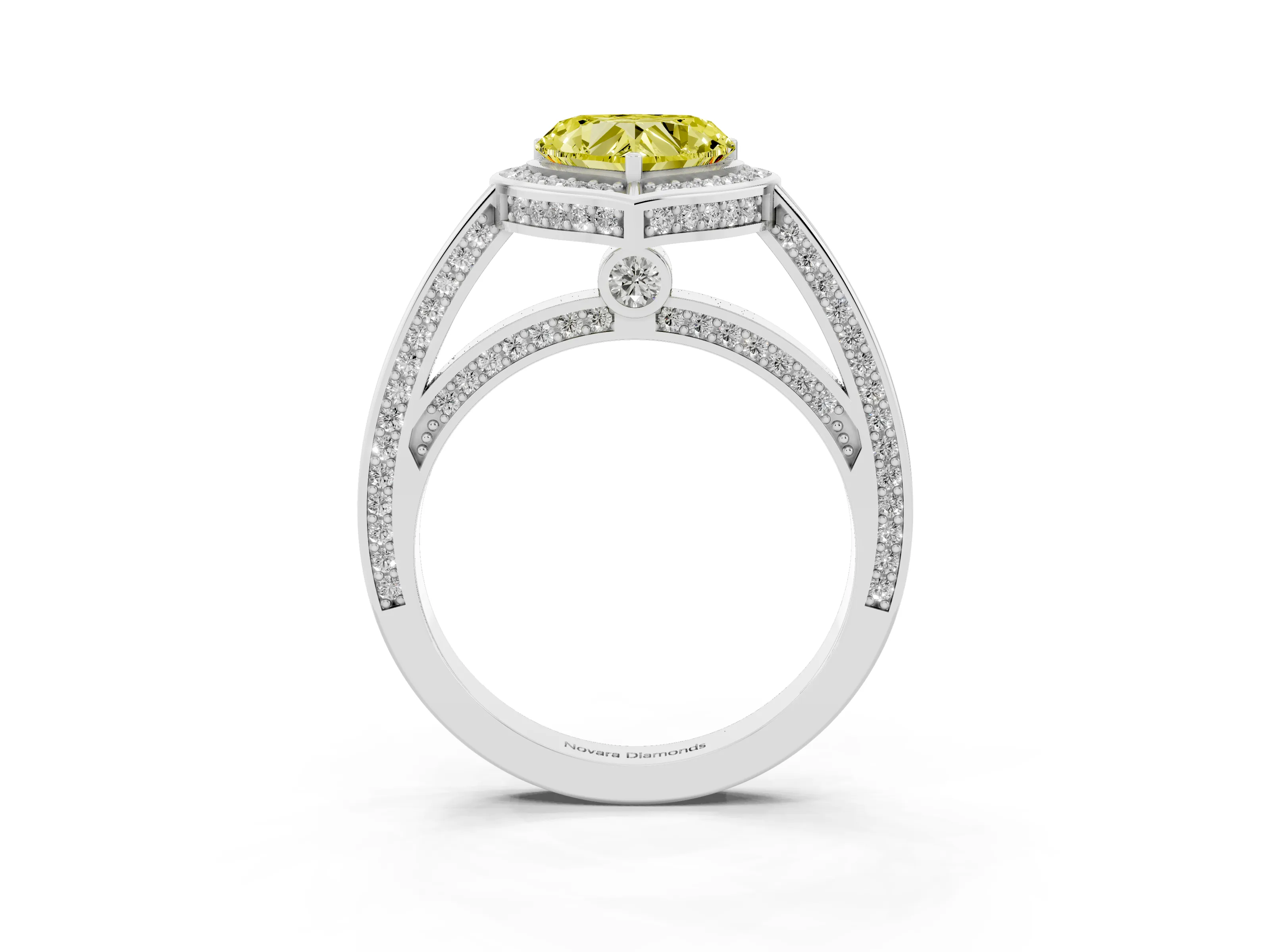Fancy Yellow Heart Cut Diamond Halo Pavé Split Shank Ring Set in Platinum with Prong Setting