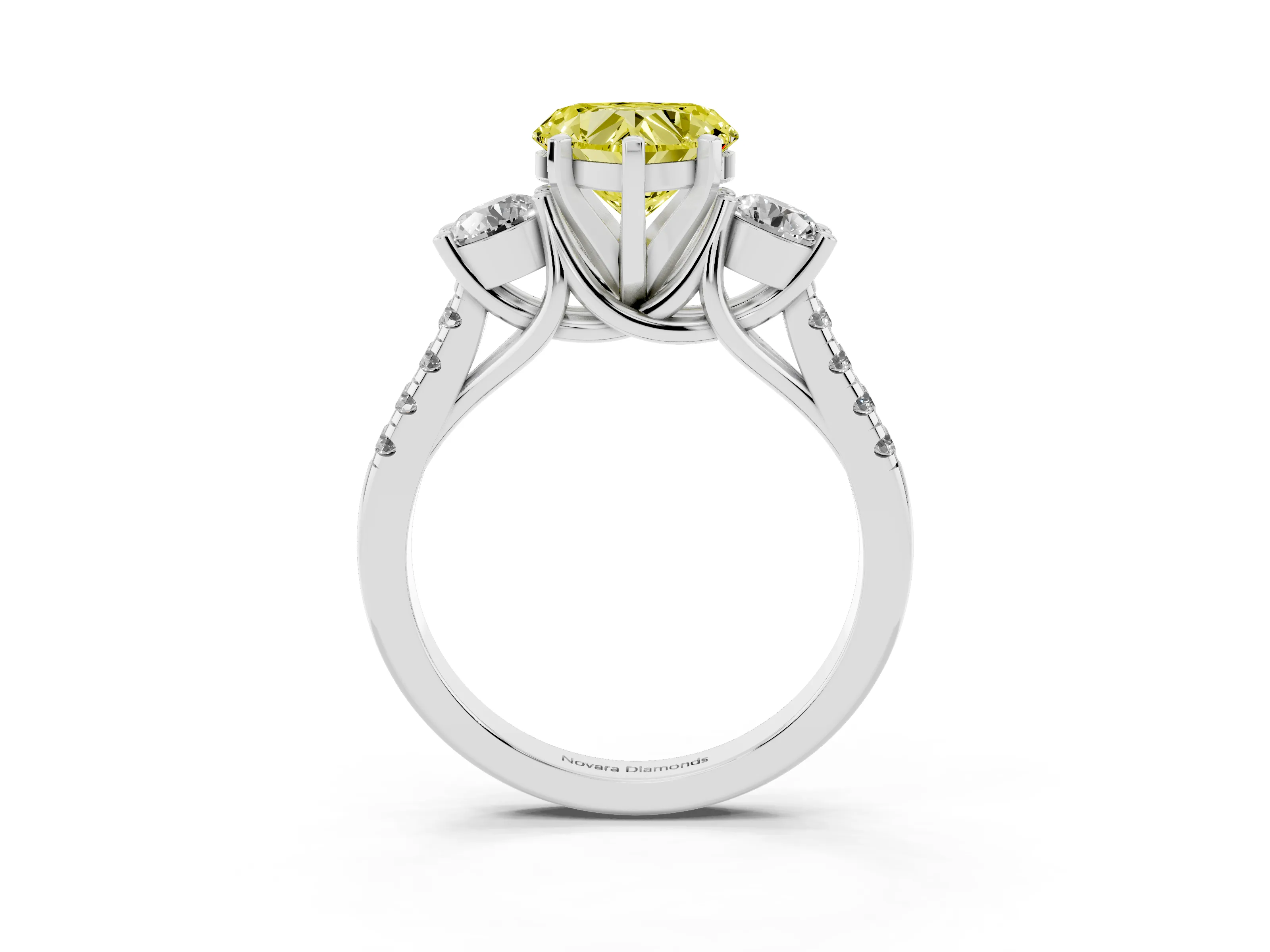 Fancy Yellow Three-Stone Heart Cut Diamond Pavé Band Ring Set in Silver with Prong-Set Trio