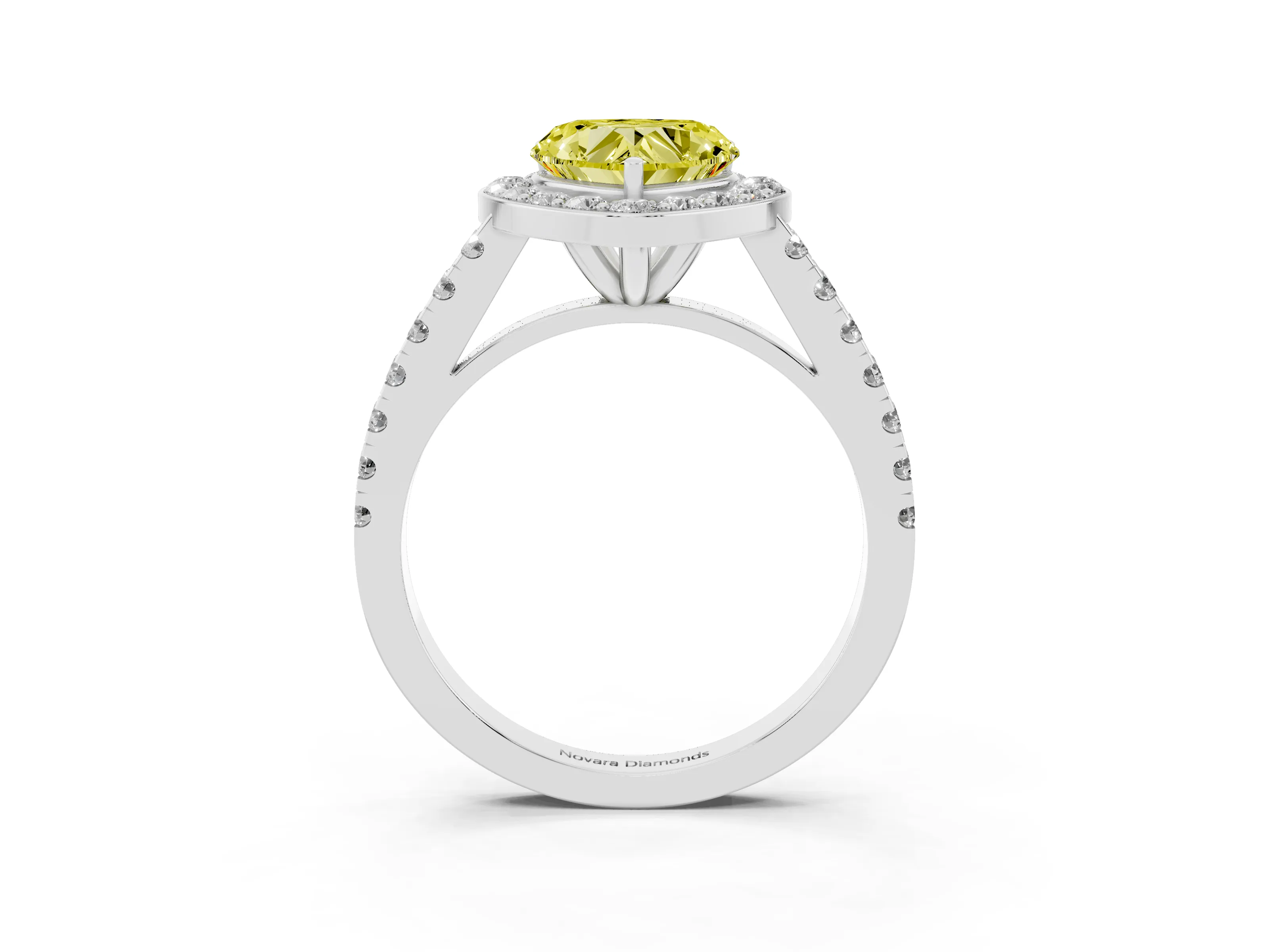 Fancy Yellow Heart Cut Diamond Halo Ring Set in Platinum with Round Pavé Split Shank and Prong Setting