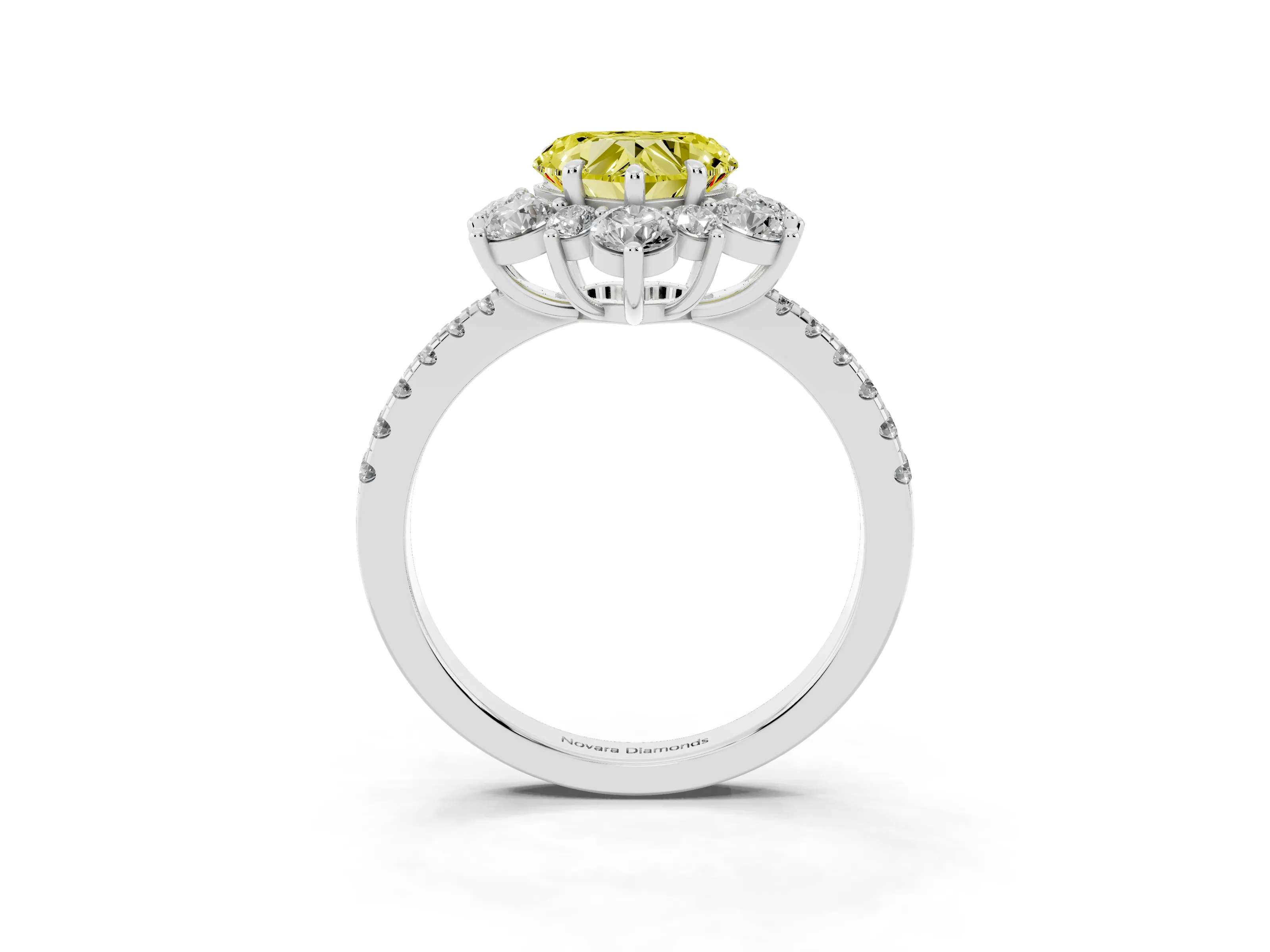 Fancy Yellow Heart Cut Diamond Floral Halo Ring Set in White gold with Round Pavé Band and Prong Setting