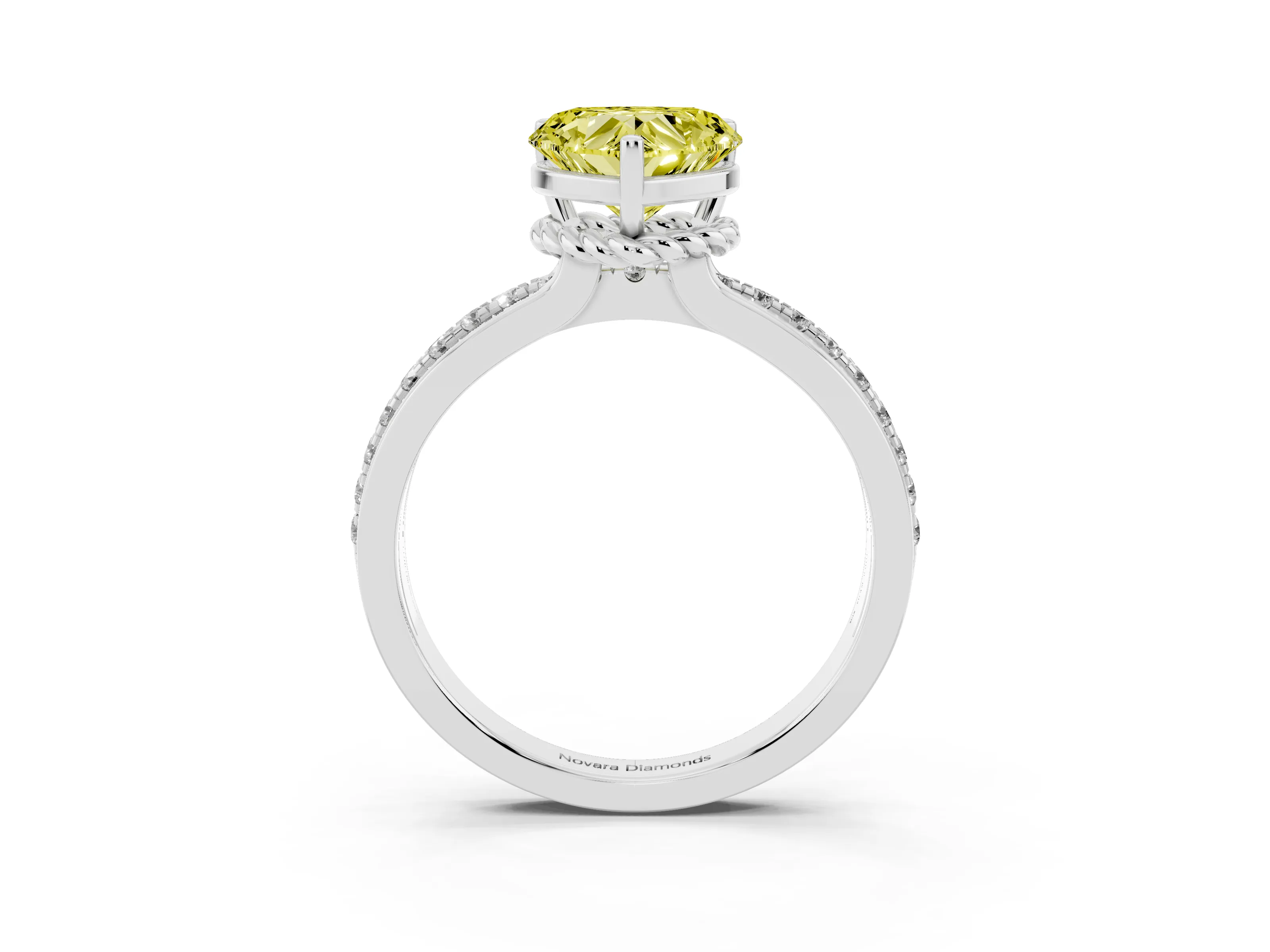 Fancy Yellow Heart Cut Diamond Solitaire Ring Set in White gold with Channel Set Band and Prong Setting