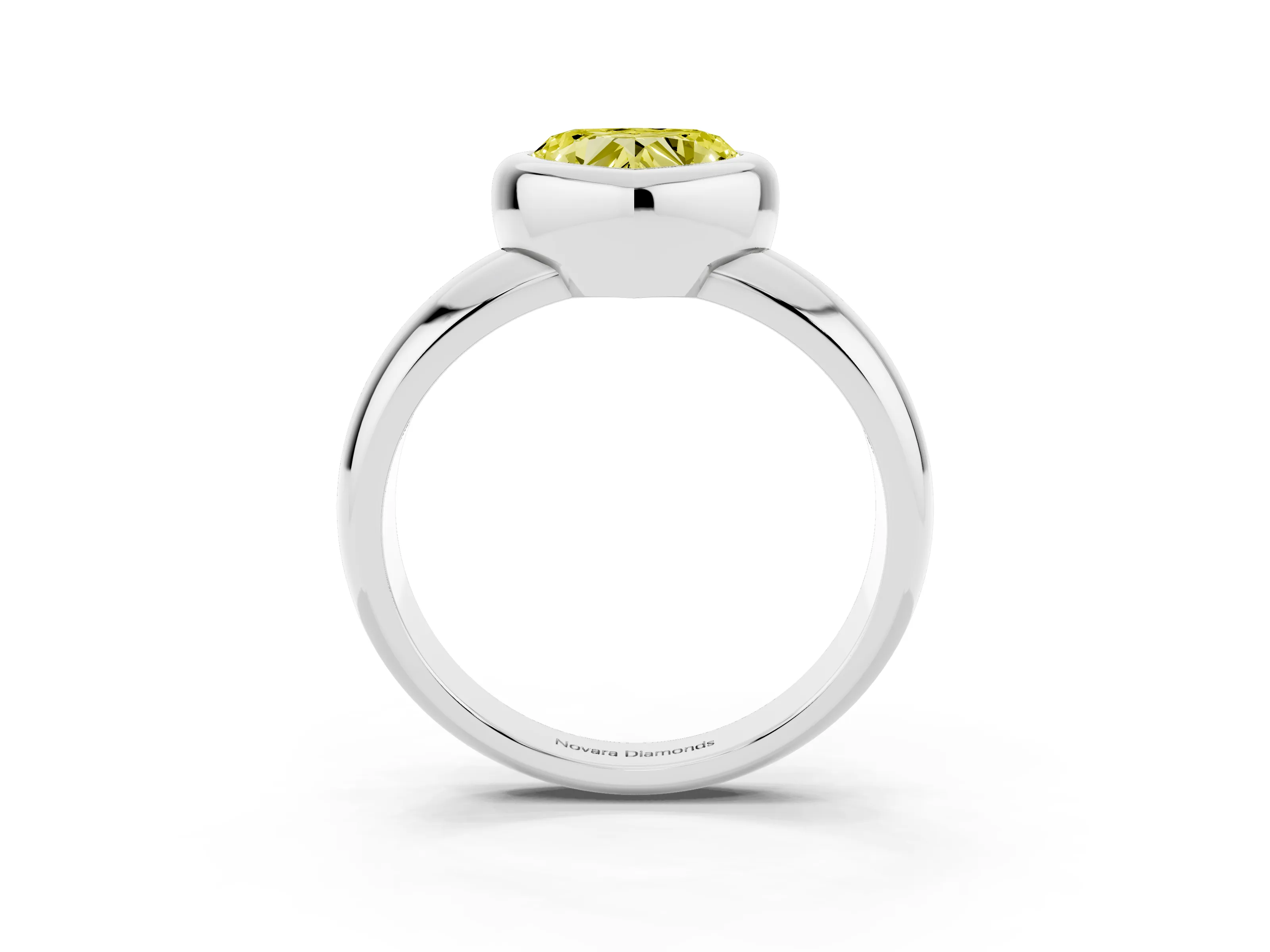 Fancy Yellow Bezel Set Heart Cut Diamond Solitaire Ring Set in White gold with Wide Band