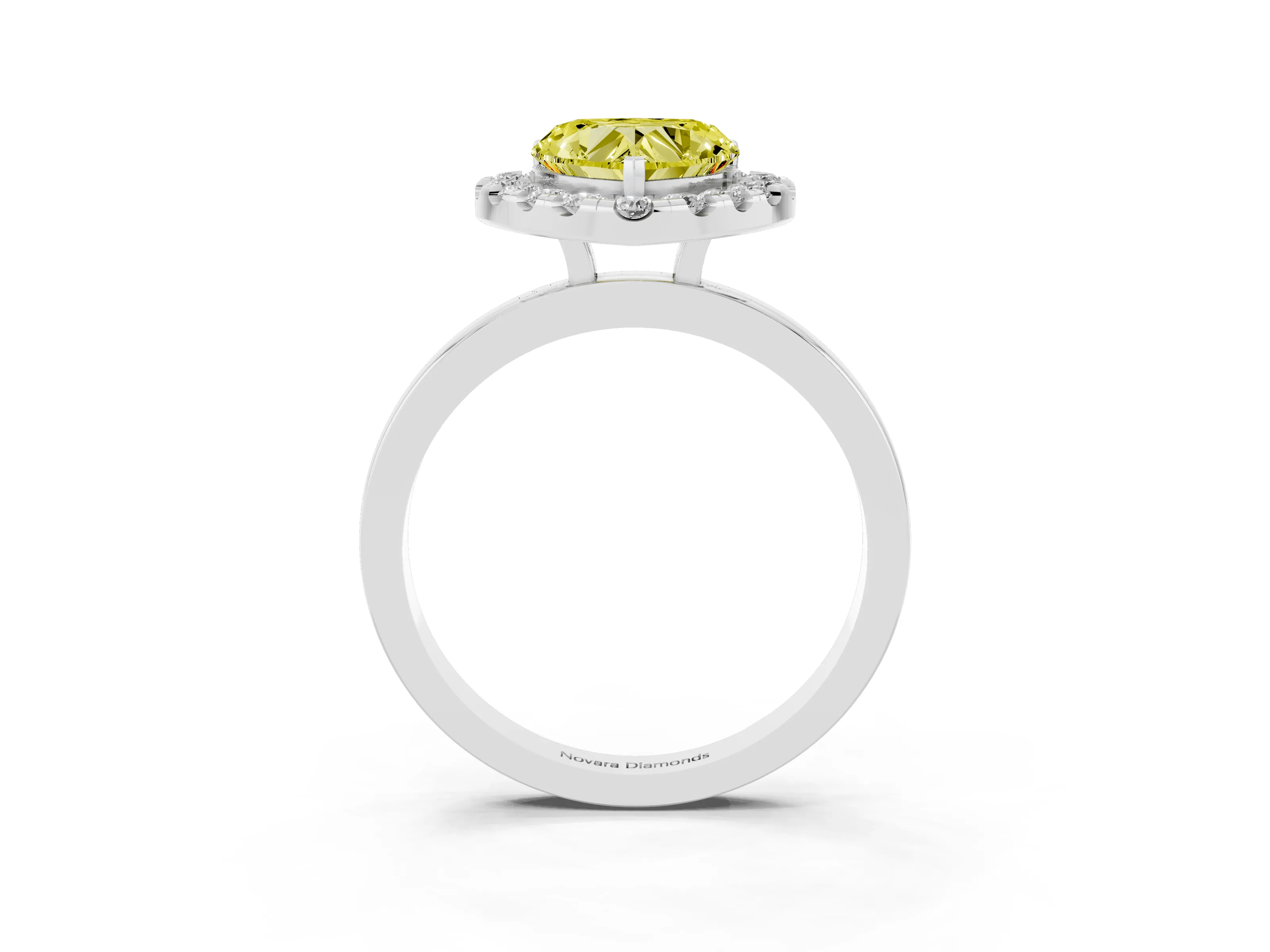 Fancy Yellow Heart Cut Diamond Halo Solitaire Ring Set in White gold with Pavé Band and Prong Setting