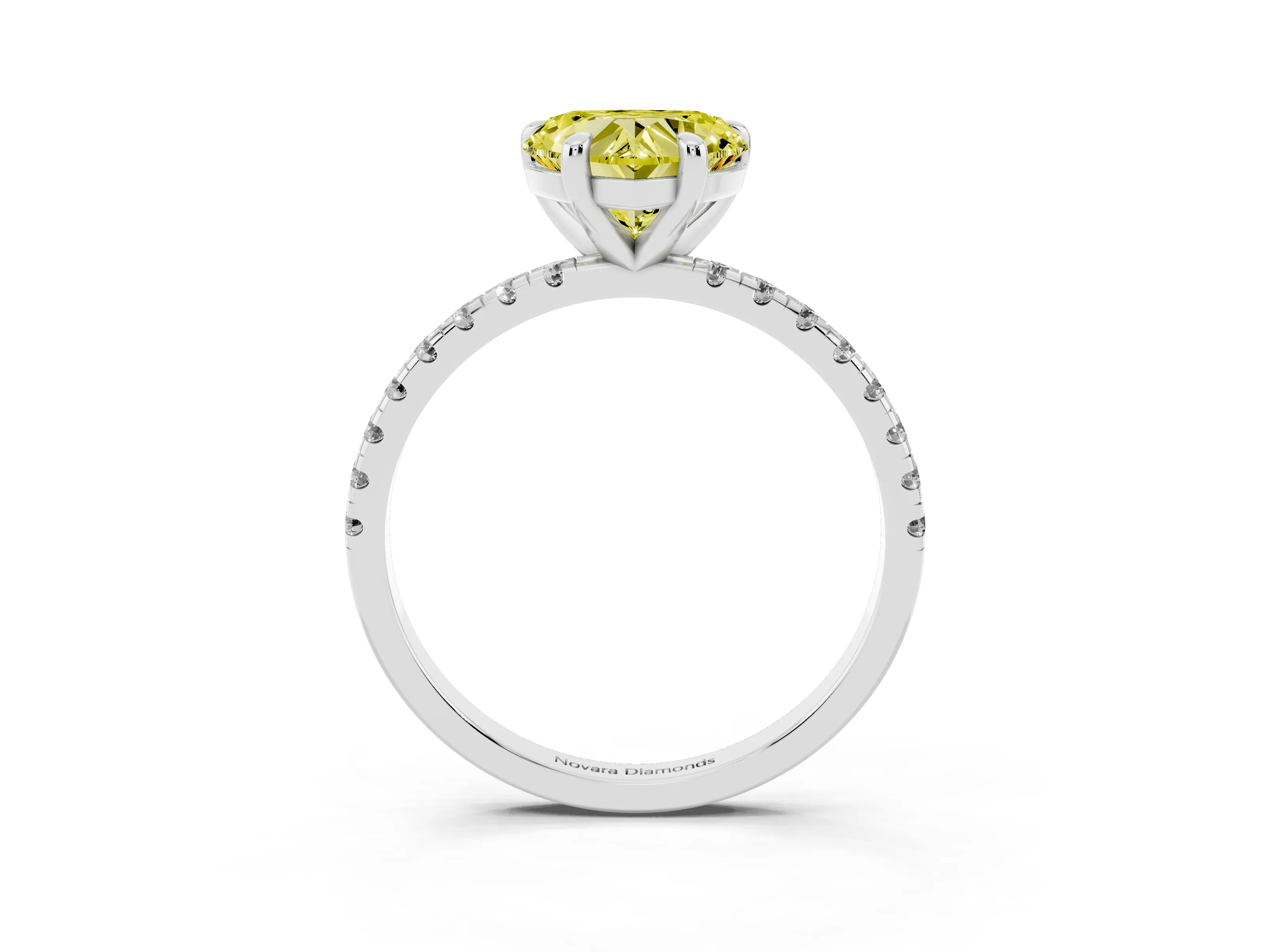 Fancy Yellow Heart Cut Diamond Brilliant Solitaire Ring Set in Platinum with Pavé Band and Prong Setting